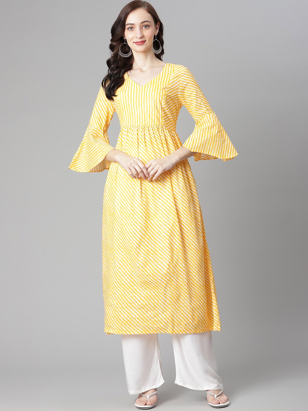 

Poshak Hub Leheriya Printed Bell Sleeves Pure Cotton Kurta, Yellow