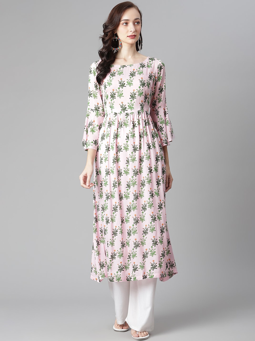 

Poshak Hub Floral Printed Boat Neck Anarkali Kurta, Pink