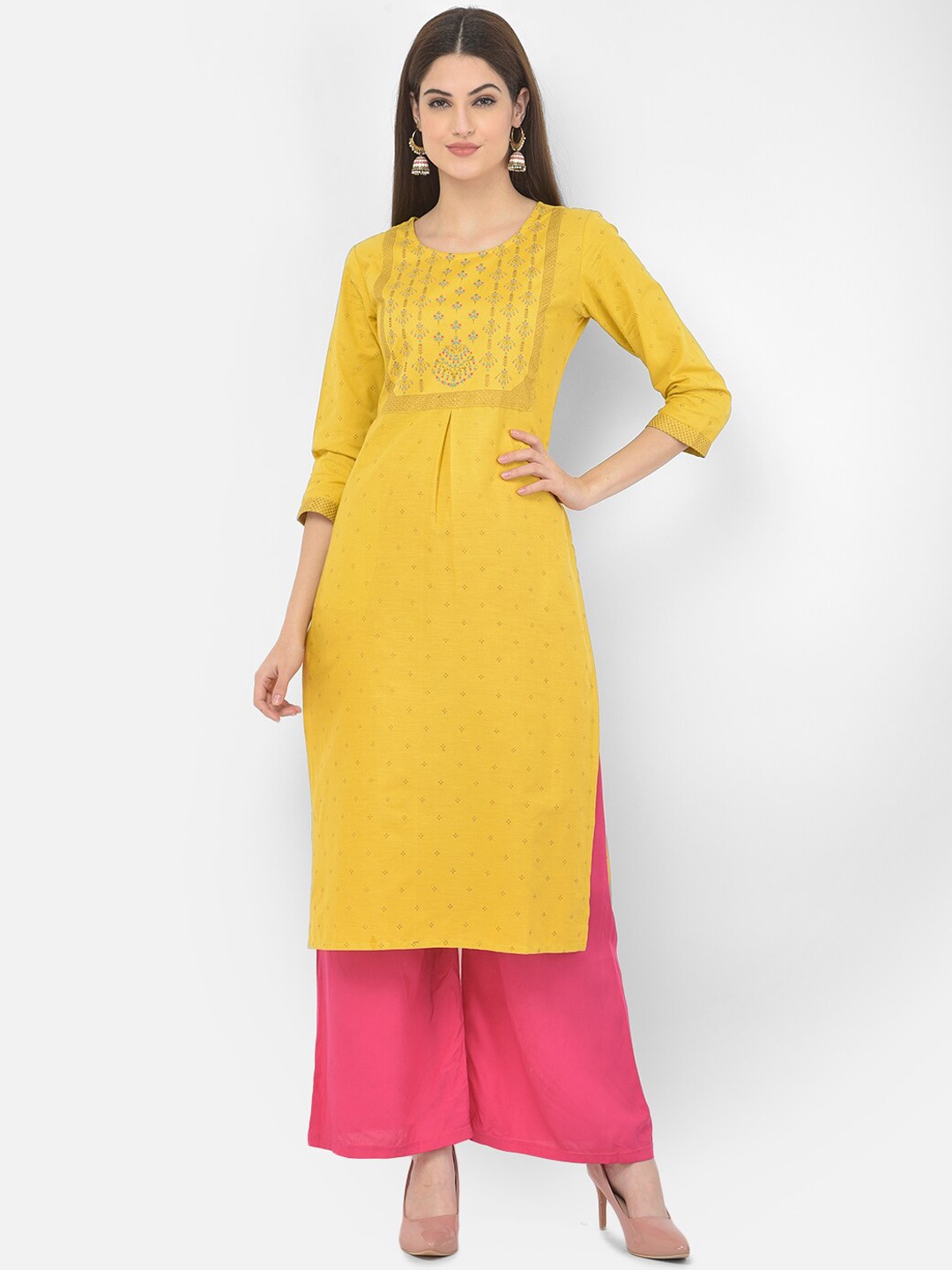 

Span Ethnic Motifs Printed Round Neck Silk Cotton Kurta, Yellow