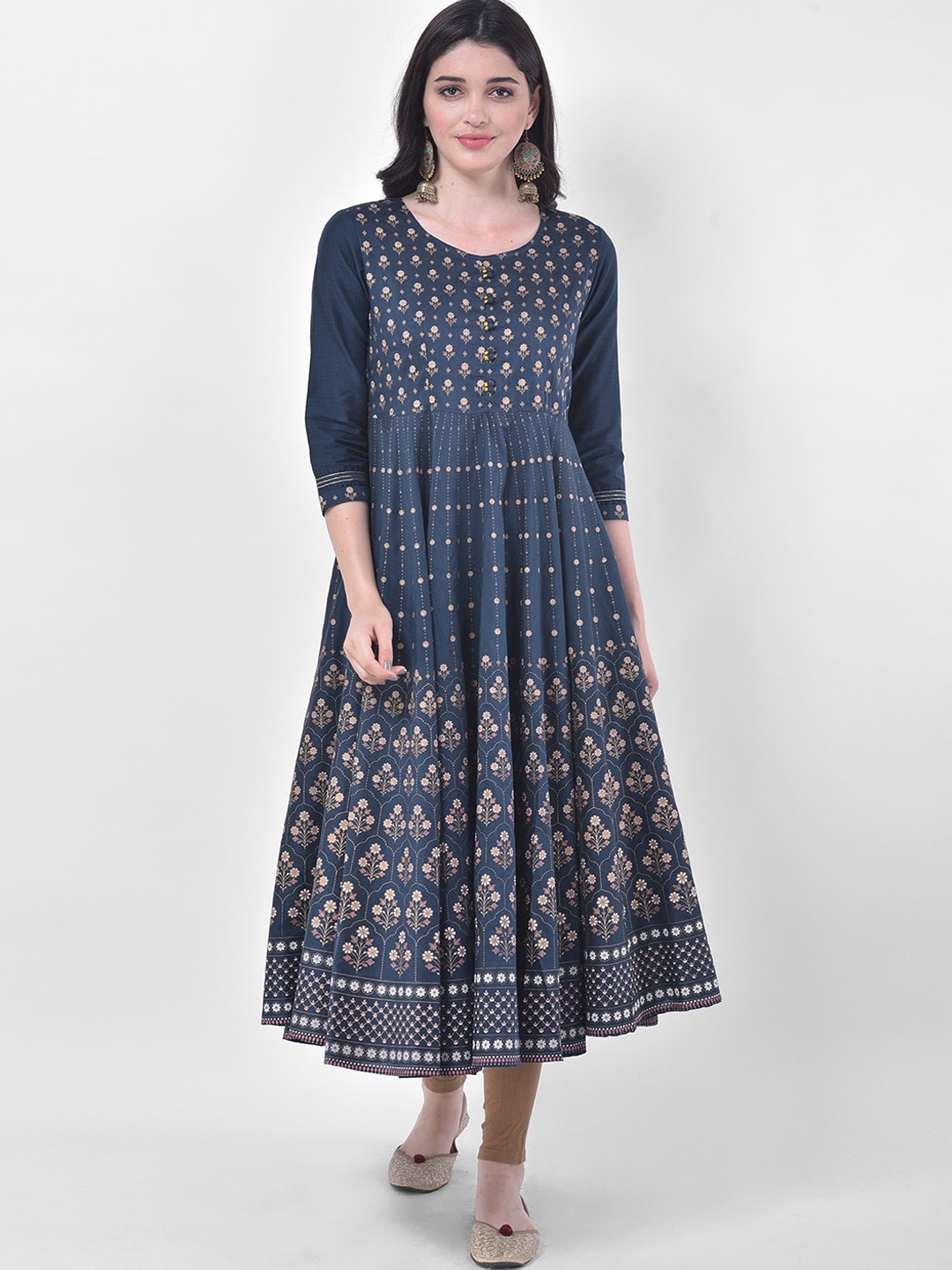 

Span Floral Printed Round Neck Silk Cotton Anarkali Kurta, Blue