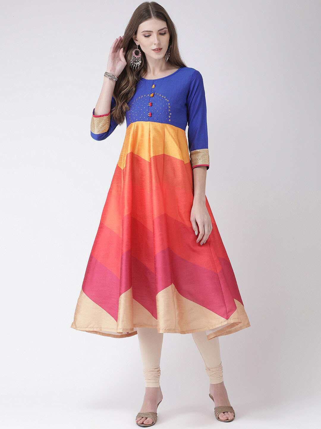 

Span Colourblocked Beads And Stones A-Line Kurta, Blue