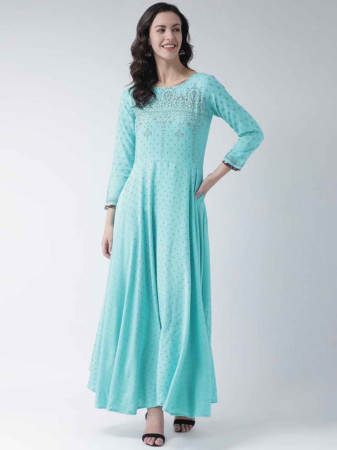 

Span Ethnic Motifs Printed Boat Neck Anarkali Kurta, Turquoise blue