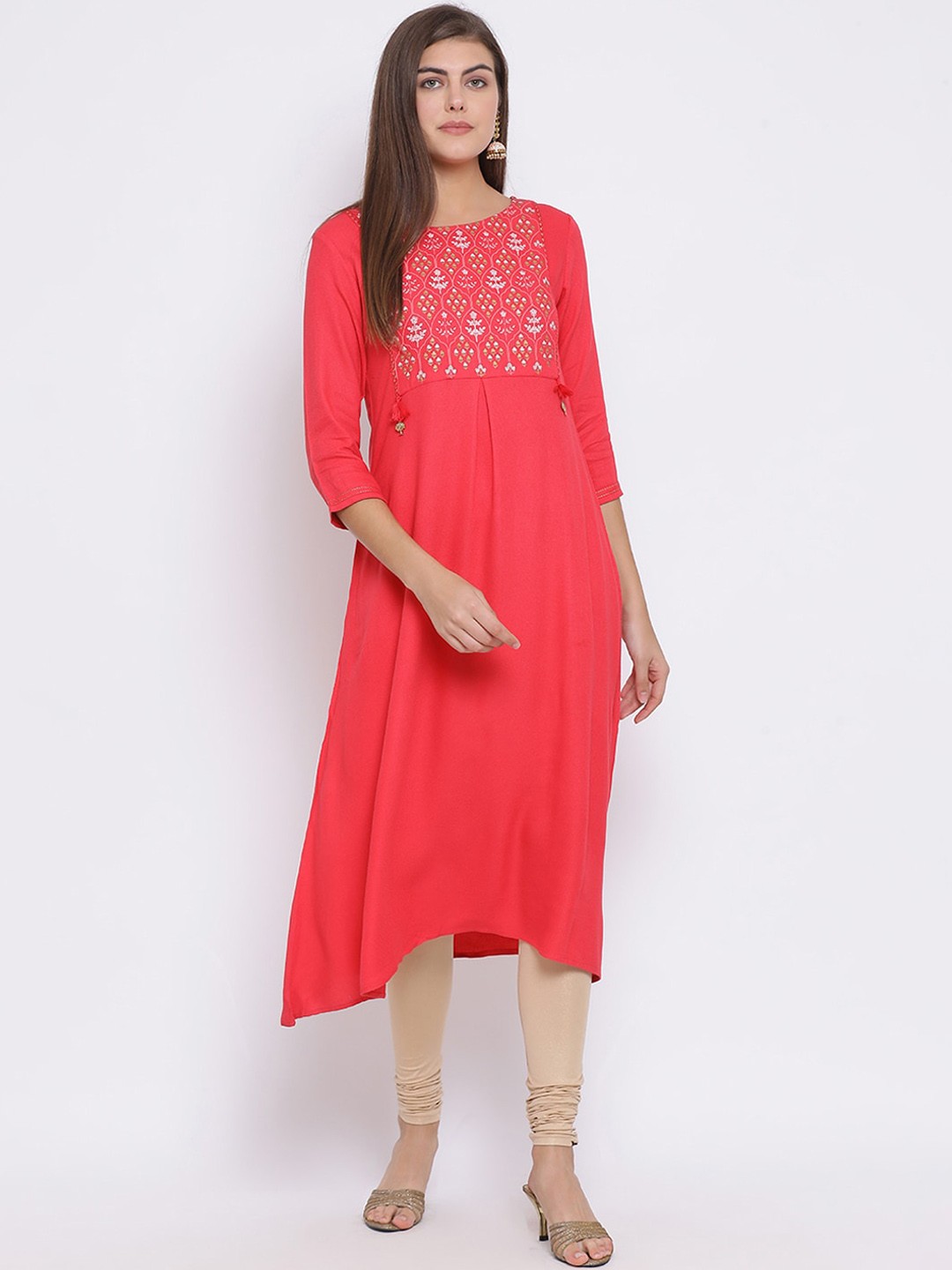 

Span Ethnic Motifs Printed Thread Work Pure Cotton A-Line Kurta, Peach
