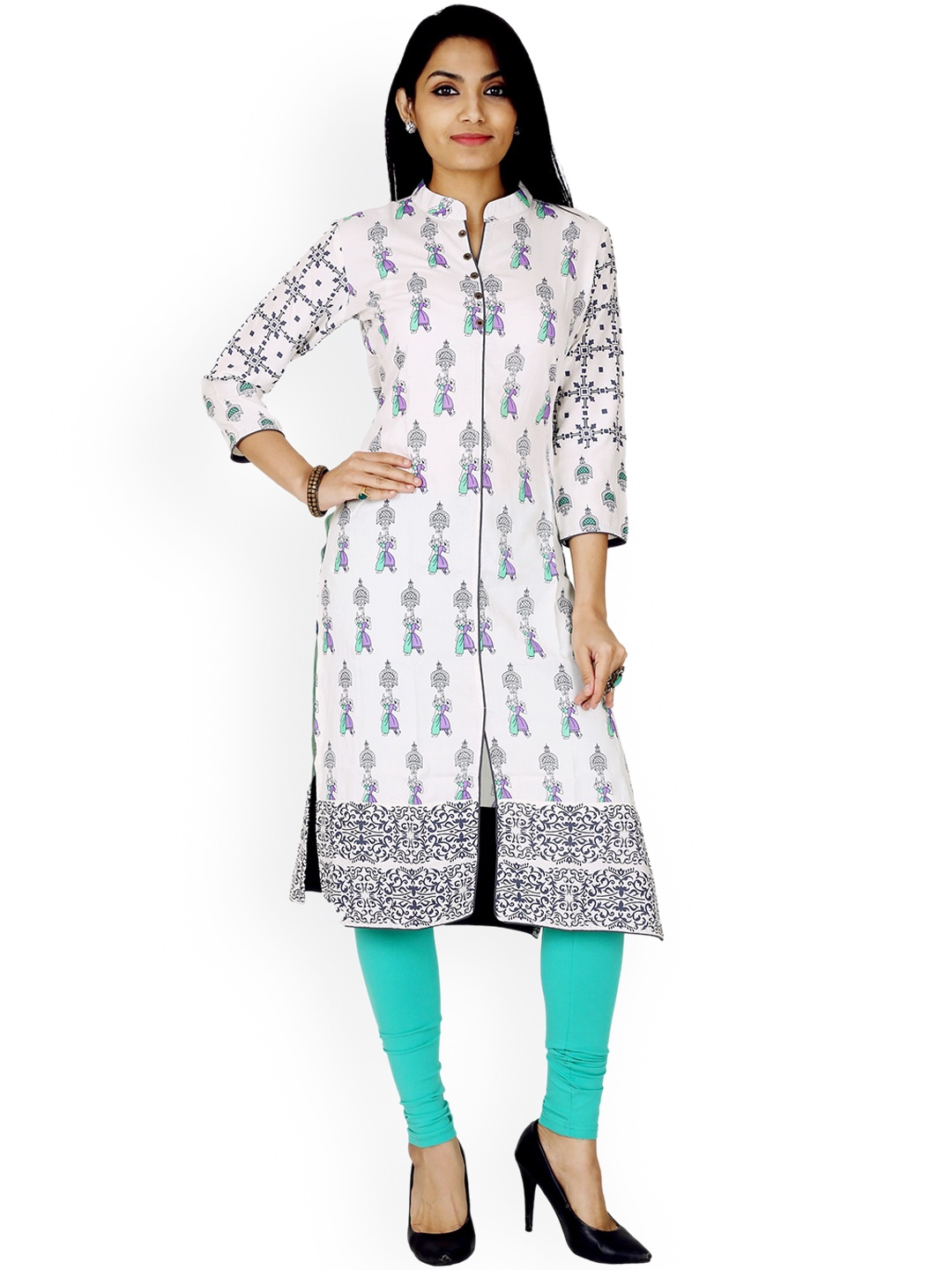 

Span Women Off White Floral Printed Thread Work Kurta