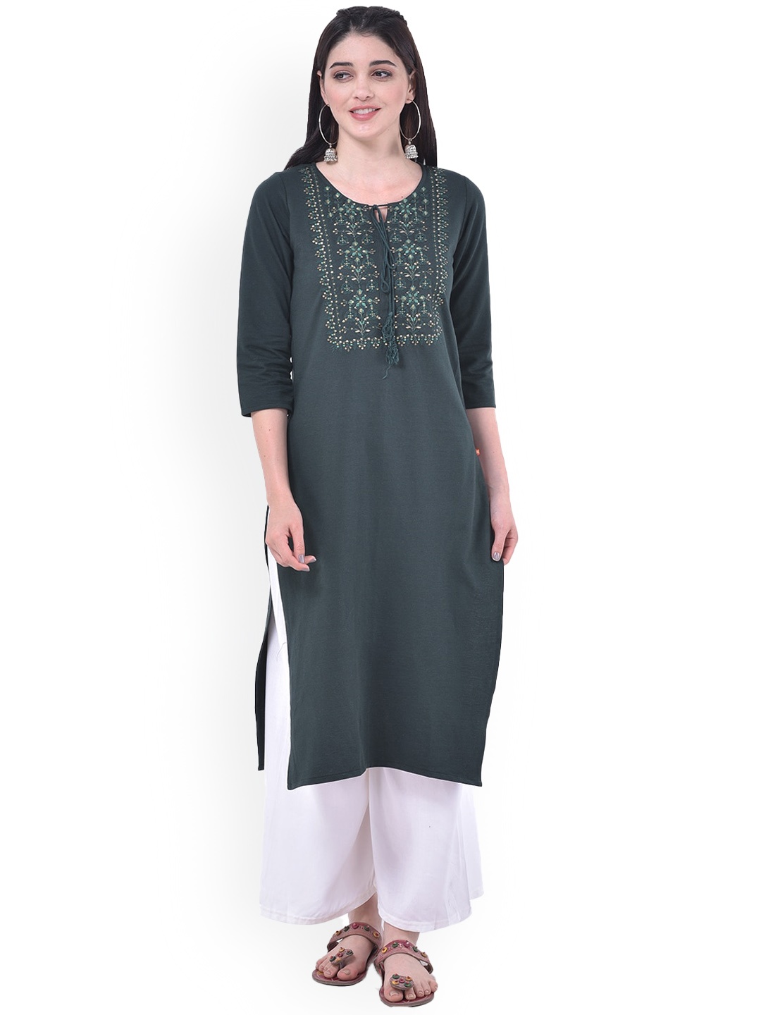 

Span Ethnic Motifs Embroidered Tie Up Neck Sequined Pure Cottonn Kurta, Green