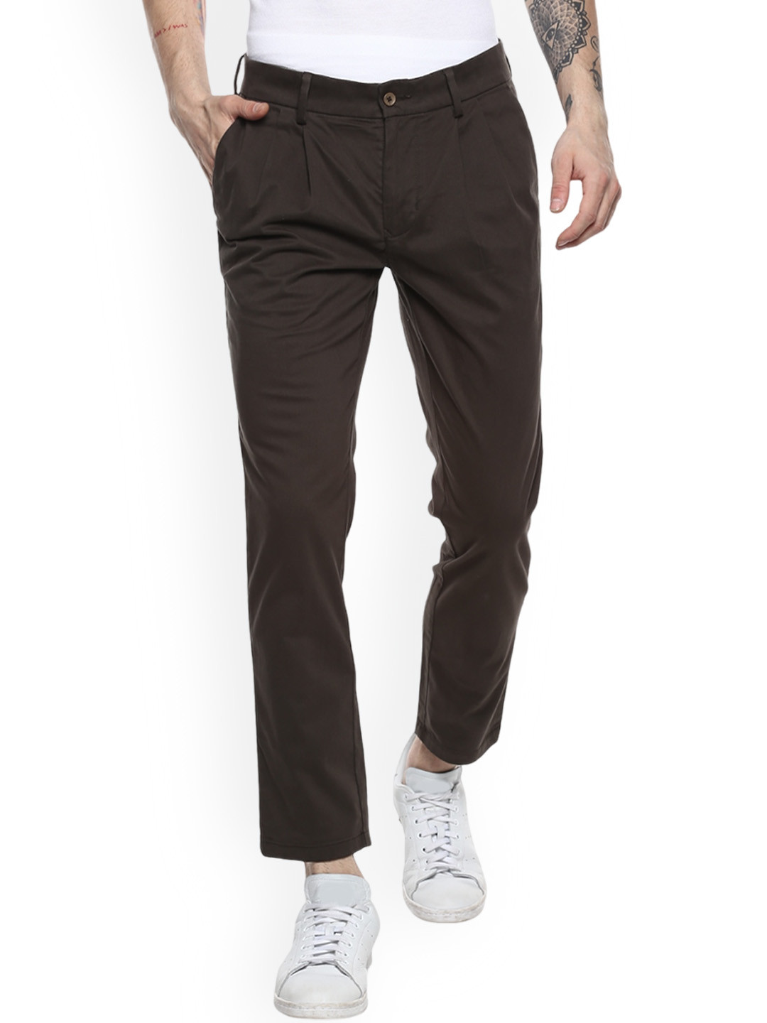 

Red Chief Men Olive Green Slim Fit Pleated Chinos Trousers
