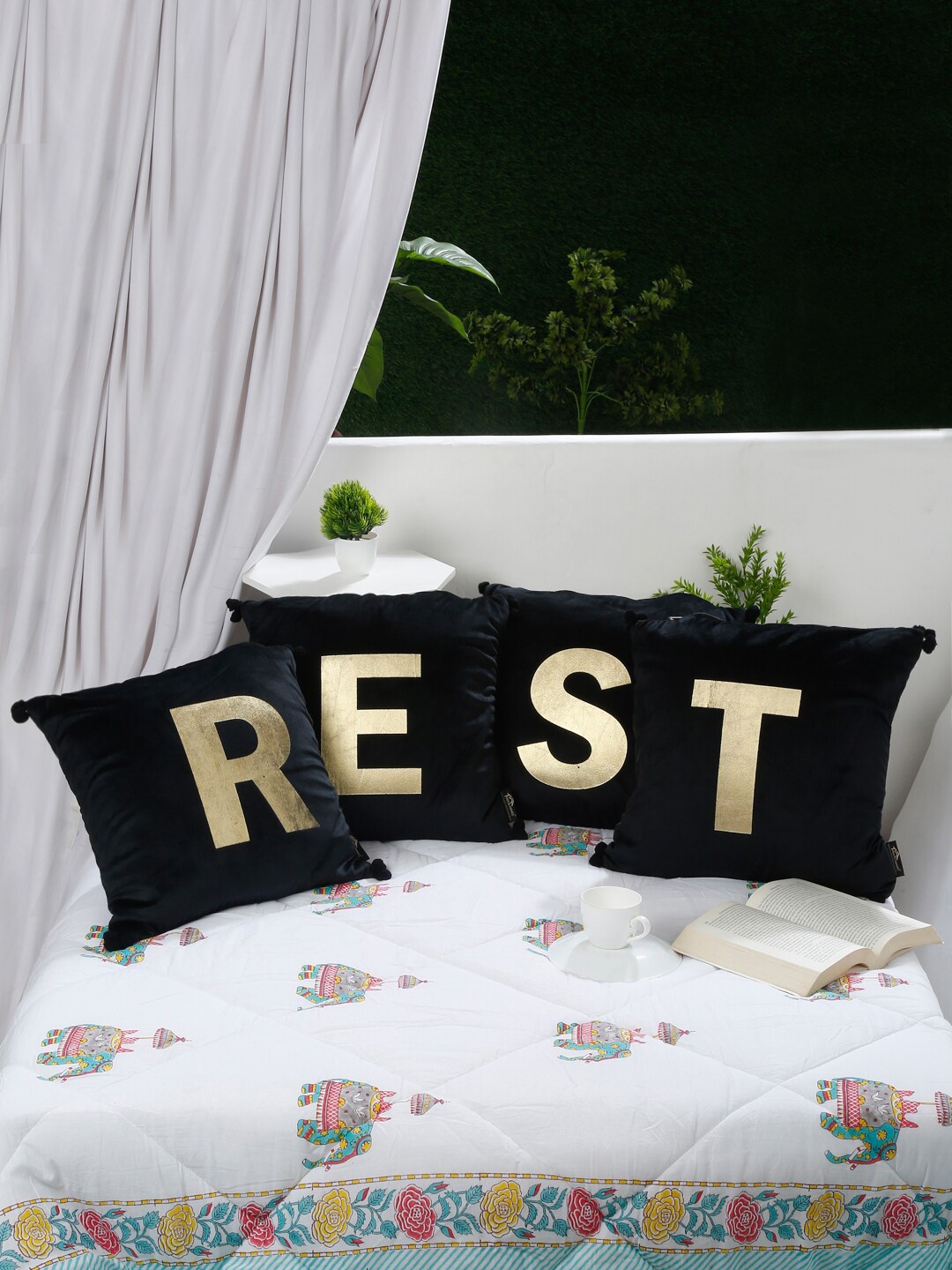 

HOSTA HOMES Black & Gold-Toned 4 Pcs Abstract Velvet Square Cushion Covers
