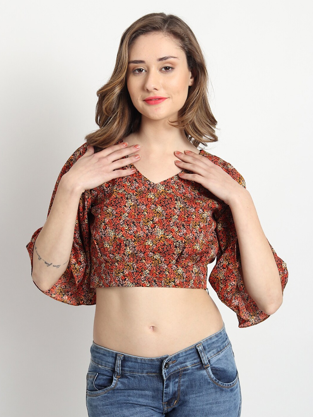 

ISAM Floral Print Crepe Crop Top, Rust