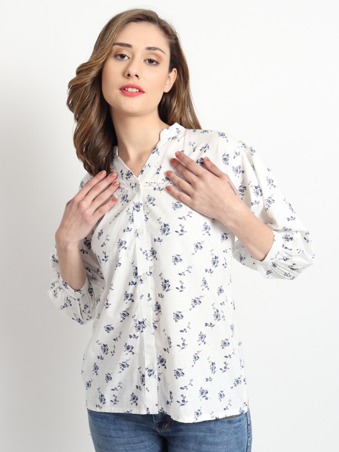 

ISAM White Floral Printed Shirt Style Pure Cotton Top