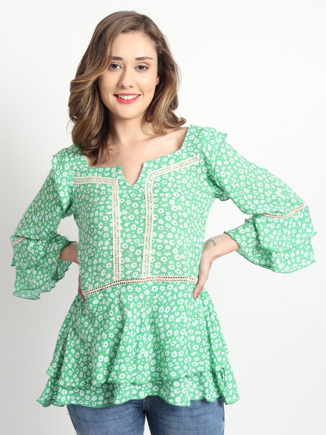 

ISAM Floral Print Peplum Top, Green