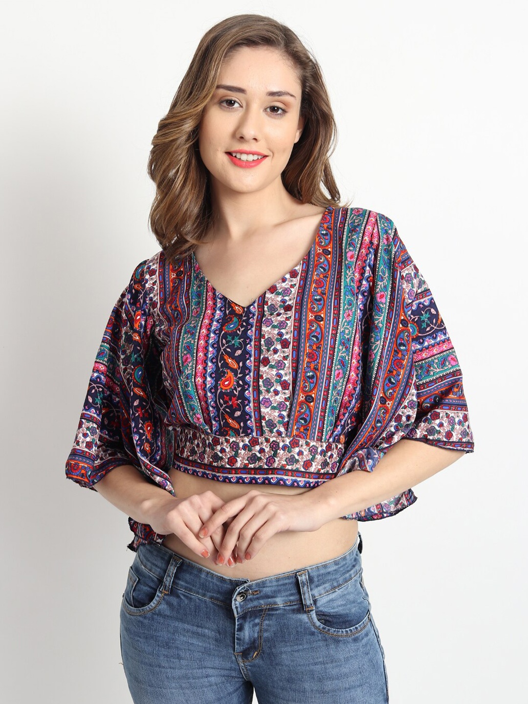 

ISAM Floral Printed Blouson Crop Top, Navy blue