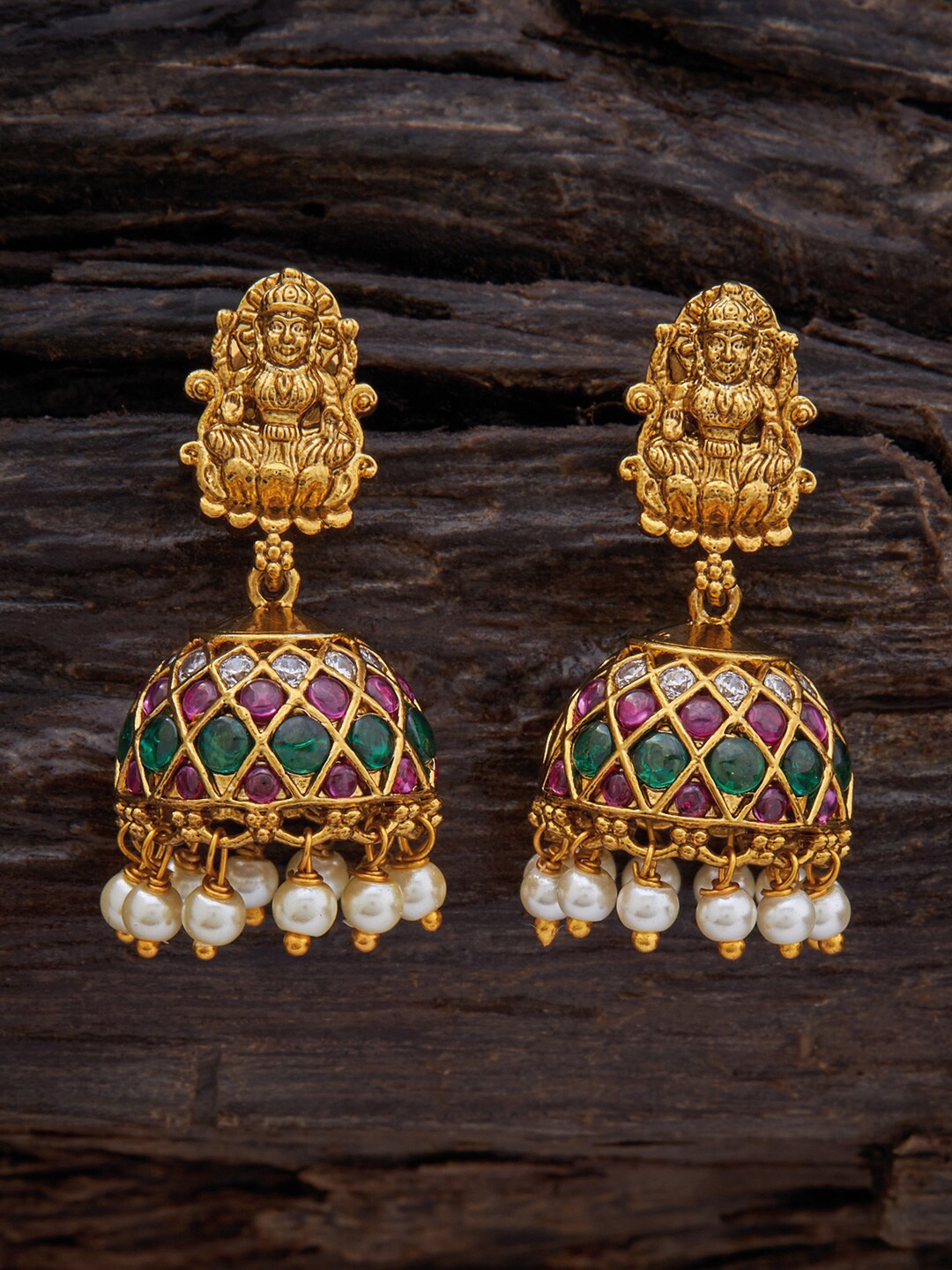 

Kushal's Fashion Jewellery Gold Plated Antique Contemporary Jhumkas Earrings, Red