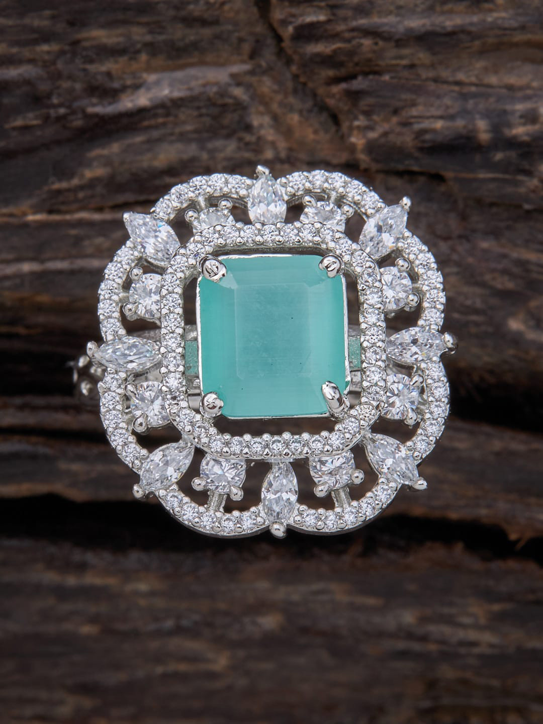 

Kushal's Fashion Jewellery Rhodium-Plated AD-Studded Adjustable Finger Ring, Sea green