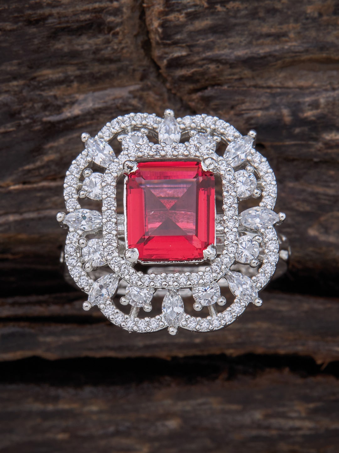 

Kushal's Fashion Jewellery Rhodium-Plated AD-Studded Adjustable Finger Ring, Red