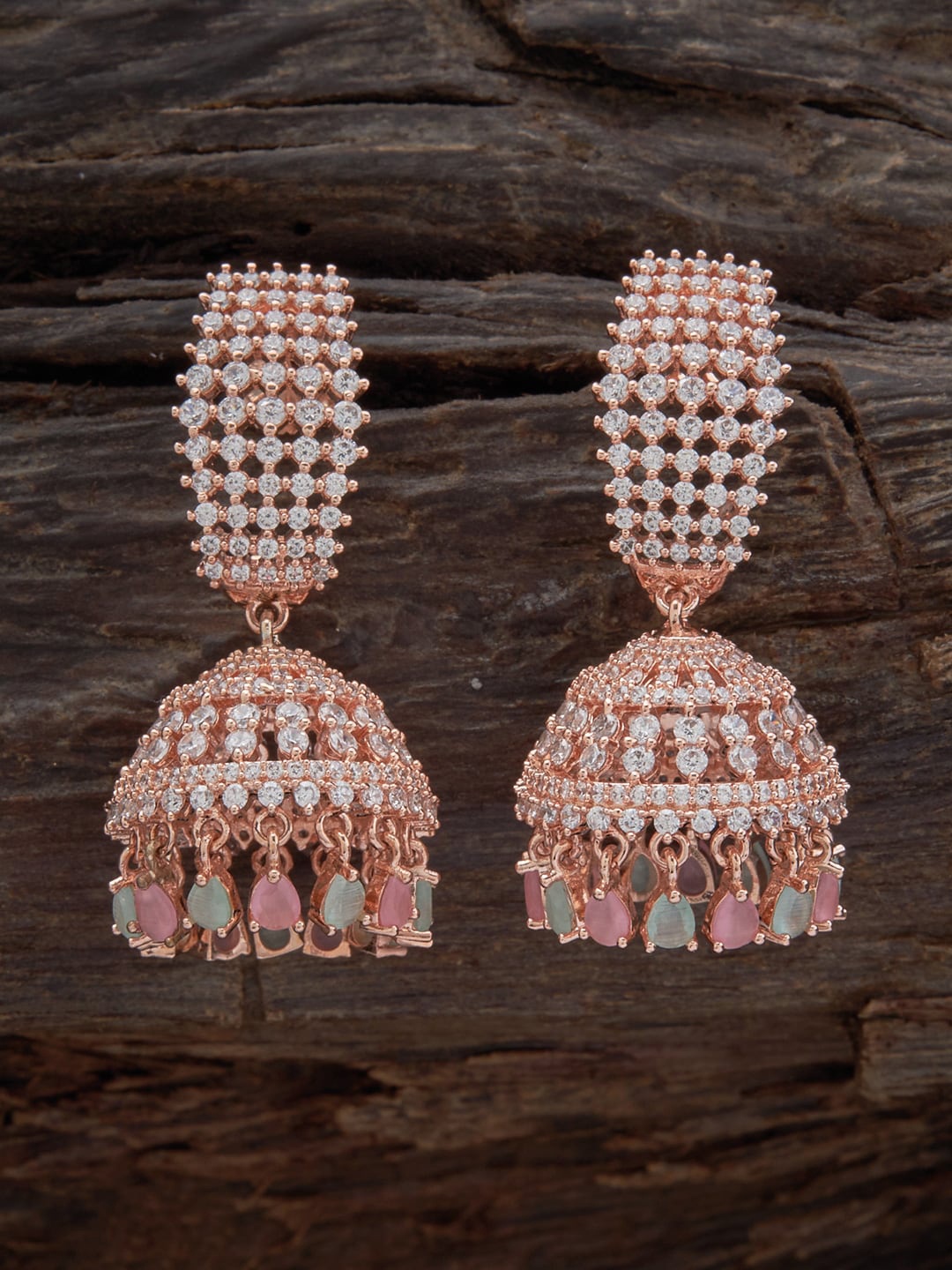 

Kushal's Fashion Jewellery Rose Gold Plated Dome Shaped Zircon Studded Jhumkas Earrings, Pink