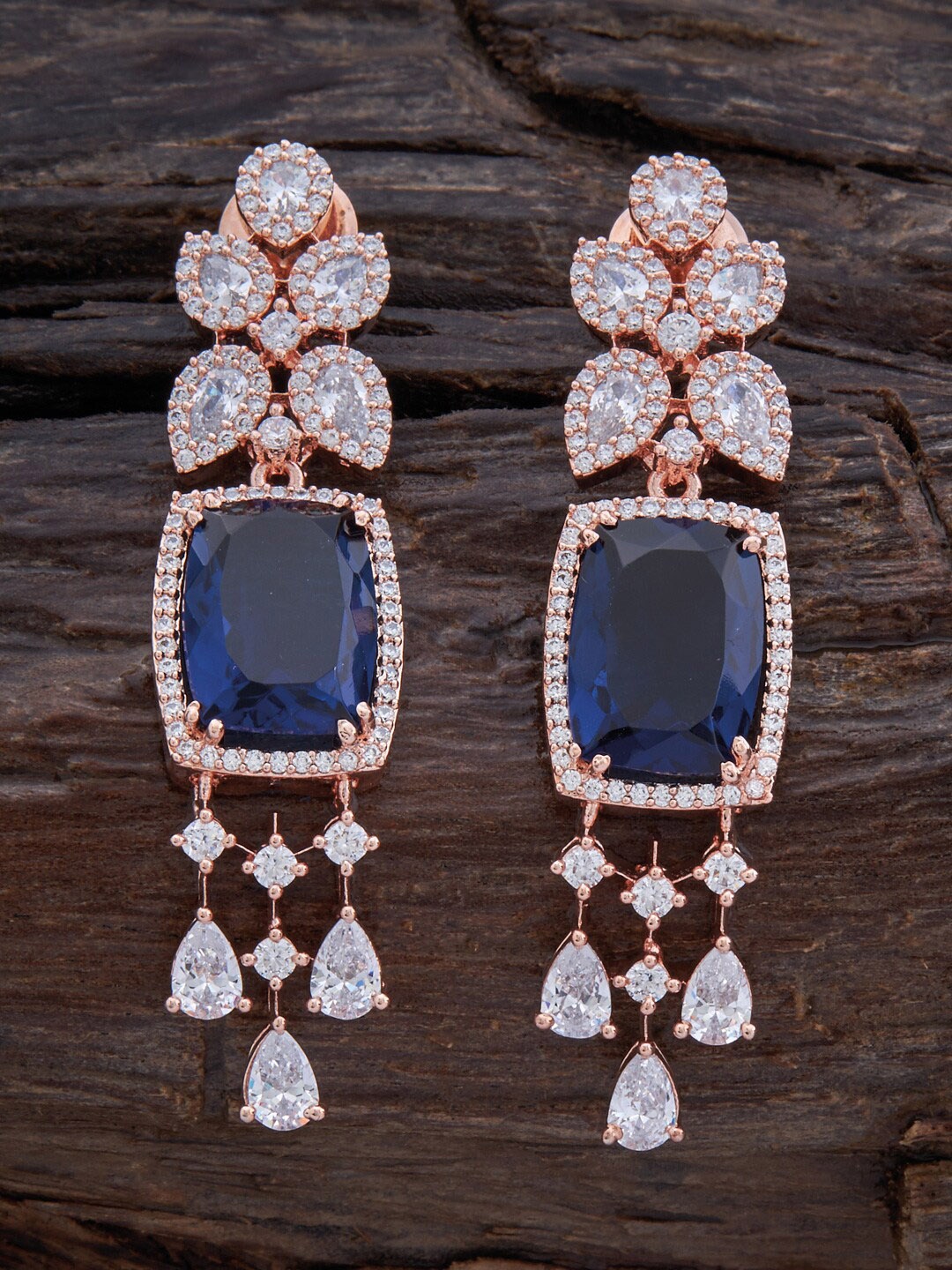 

Kushal's Fashion Jewellery Rose Gold Plated Contemporary Zircon Studded Drop Earrings, Blue