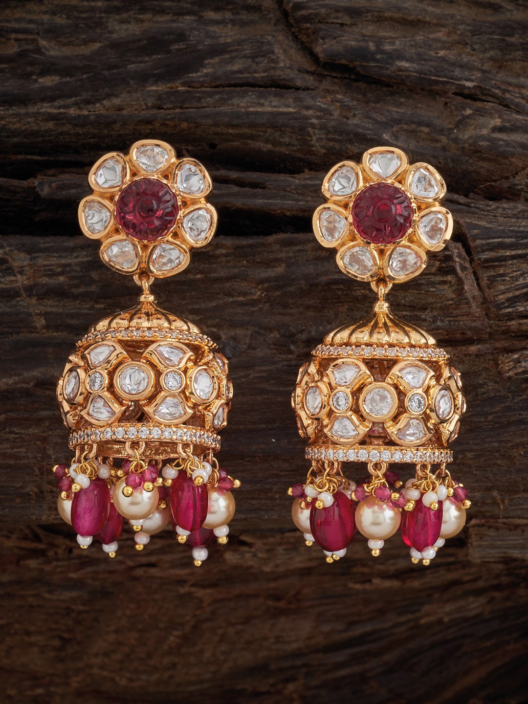 

Kushal's Fashion Jewellery Contemporary Kundan Jhumkas Earrings, Red