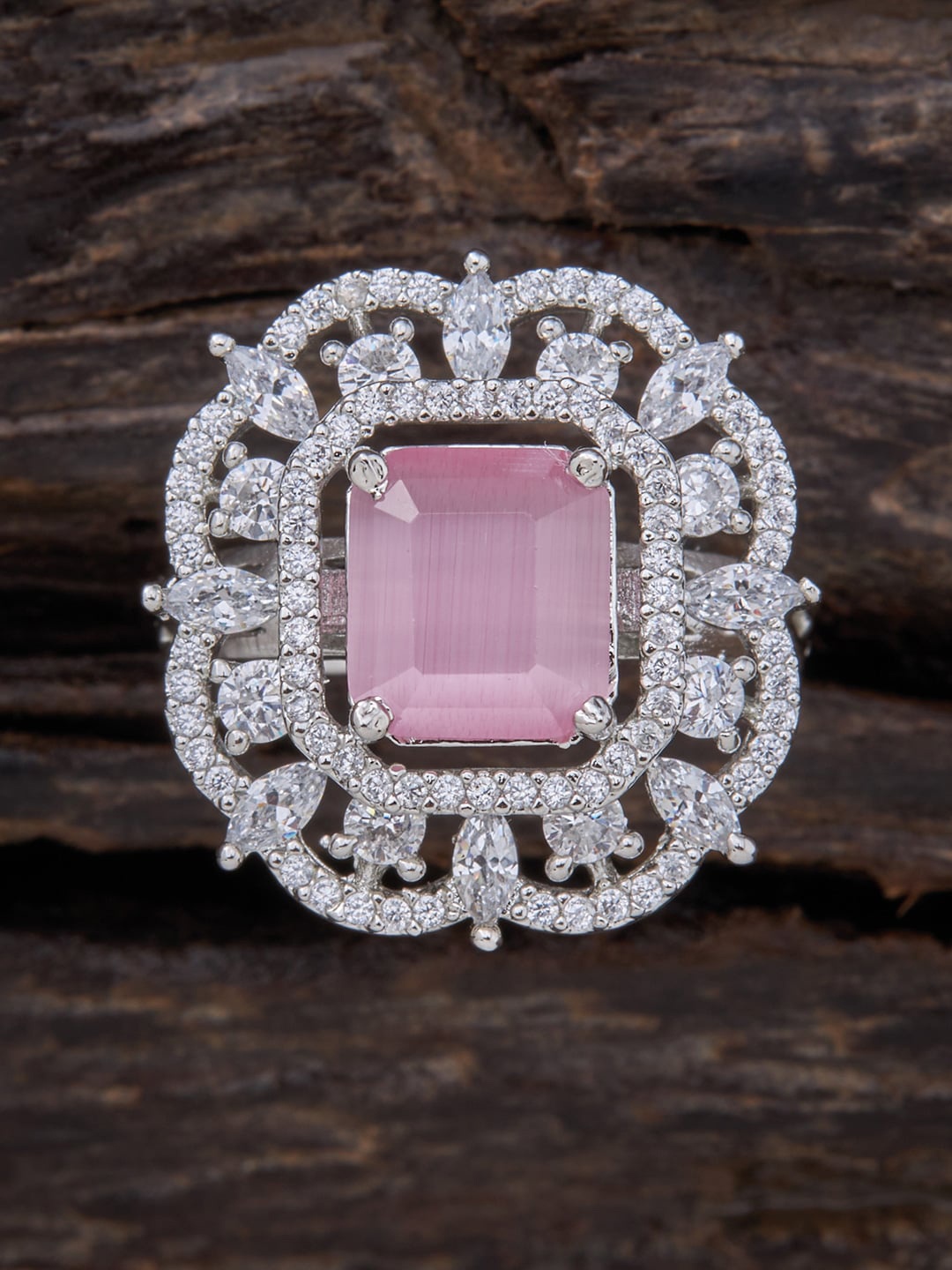 

Kushal's Fashion Jewellery Rhodium-Plated AD-Studded Adjustable Finger Ring, Pink