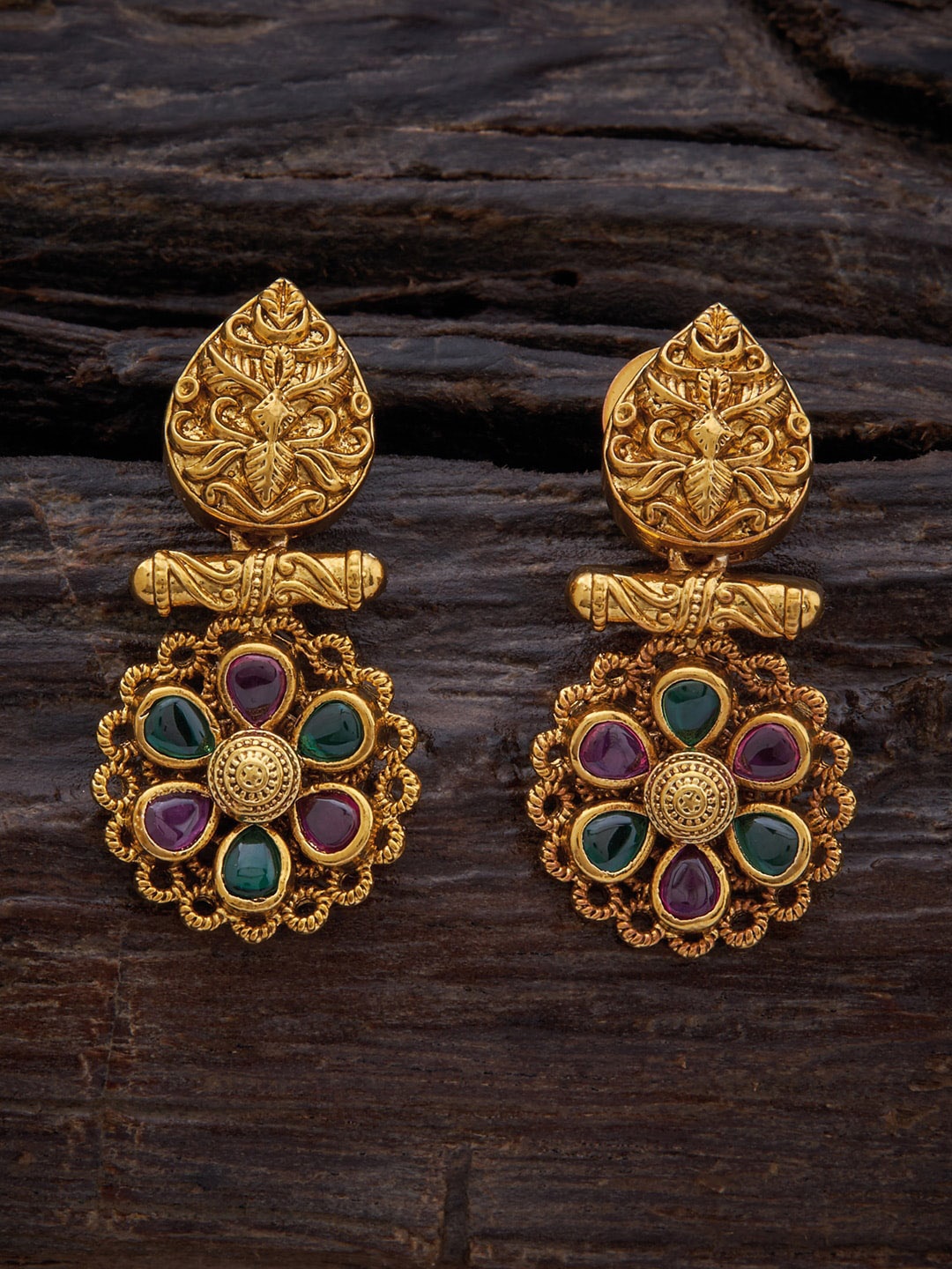 

Kushal's Fashion Jewellery Gold Plated Antique Contemporary Stone Studded Drop Earrings, Red