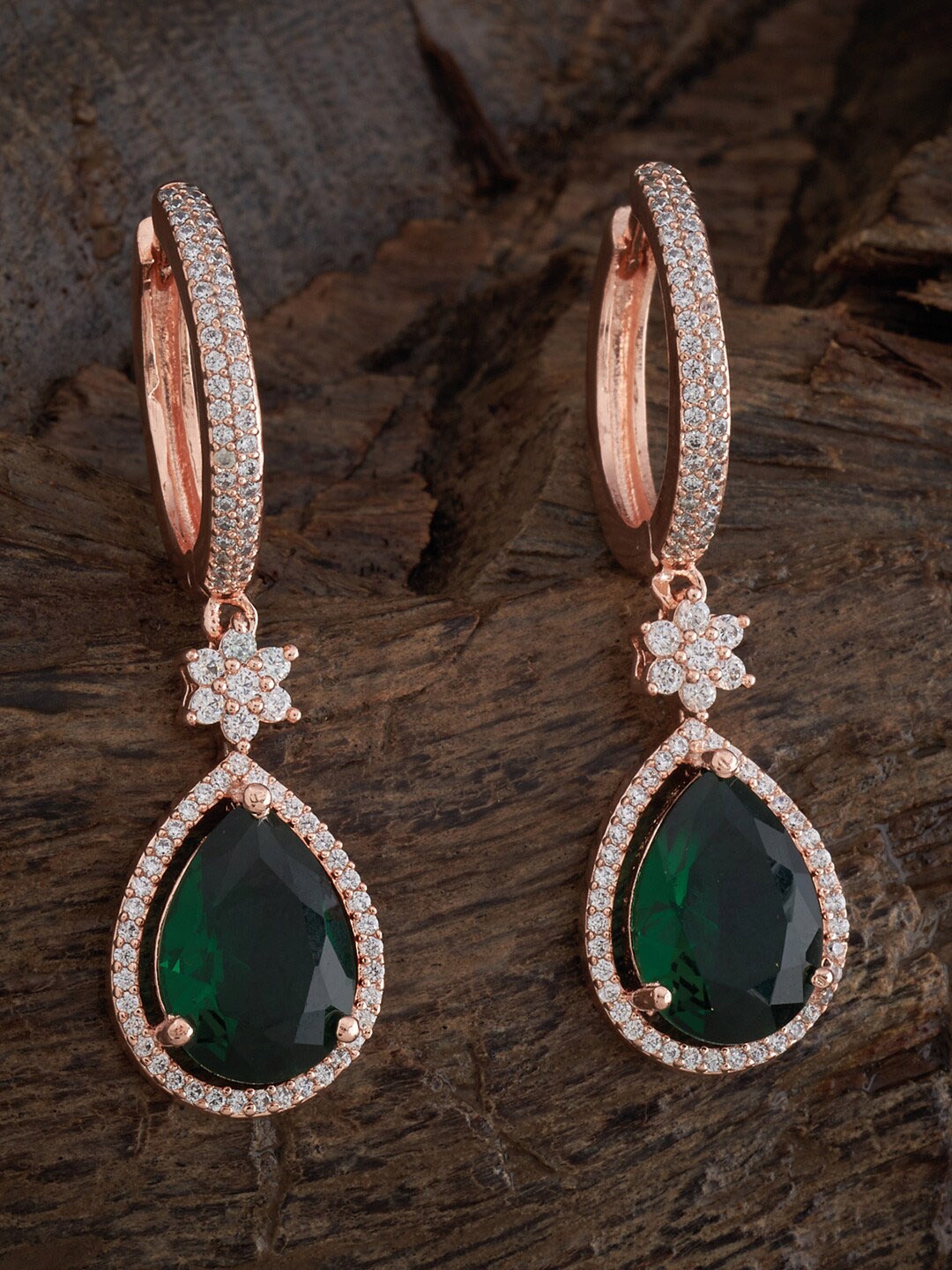 

Kushal's Fashion Jewellery Rose Gold-Plated Zircon Teardrop Shaped Hoop Earrings, Green