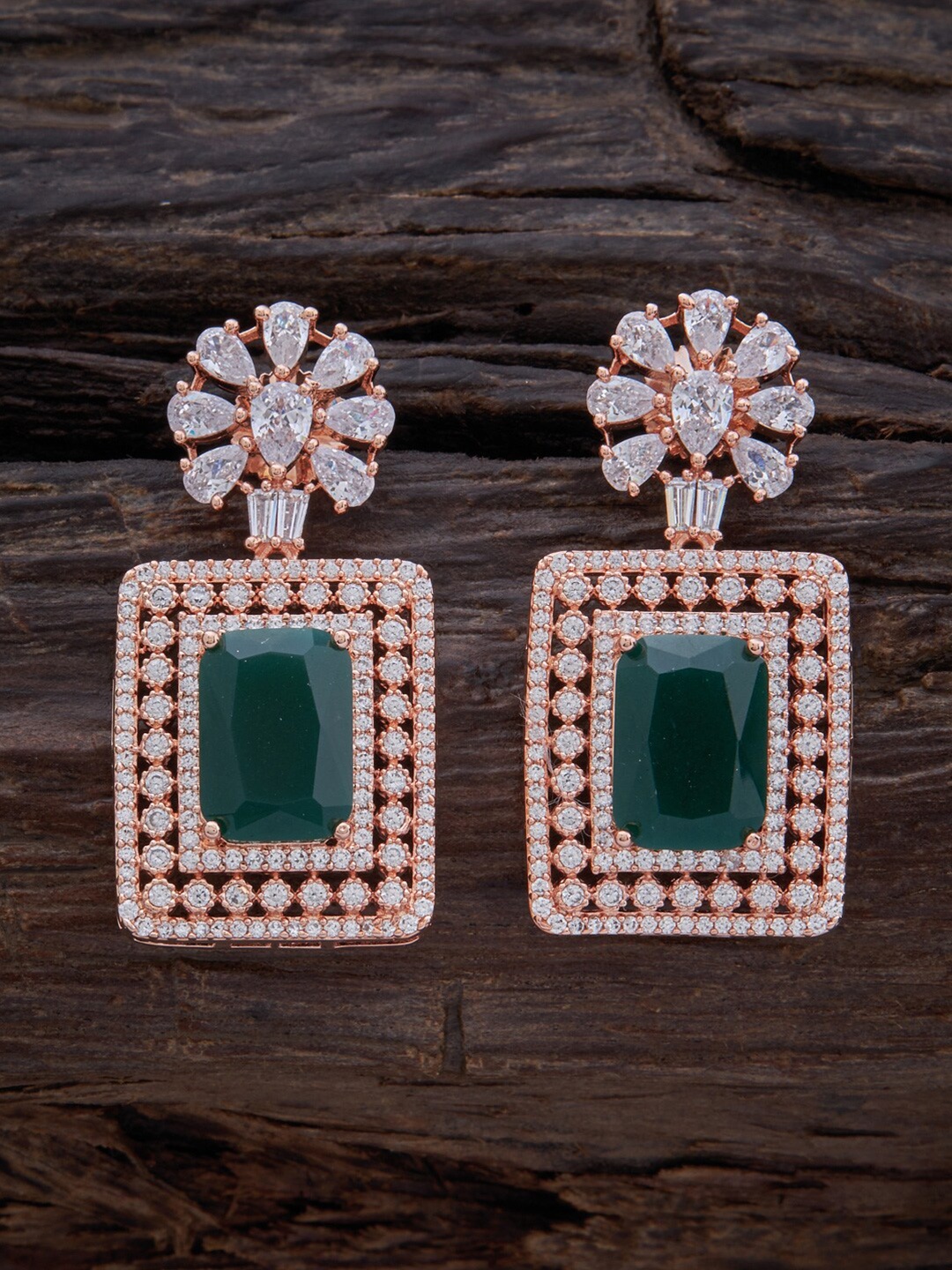 

Kushal's Fashion Jewellery Rose Gold-Plated Zircon-Studded Contemporary Drop Earrings, Green