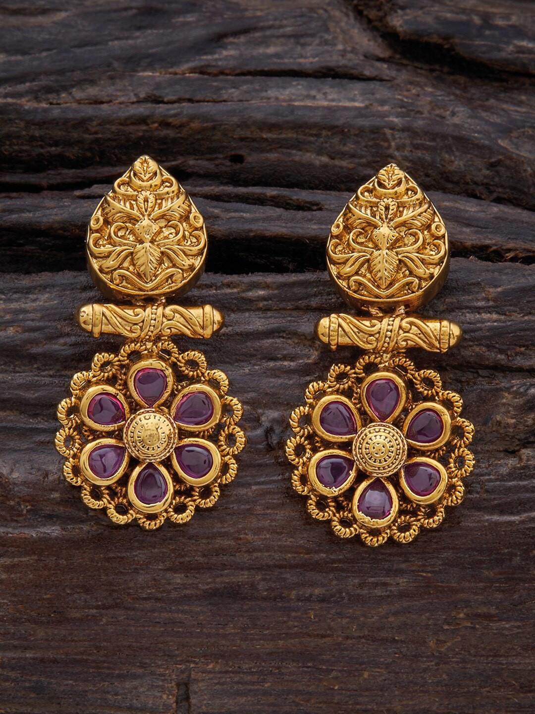 

Kushal's Fashion Jewellery Gold-Plated Stone-Studded Floral Drop Earrings, Pink