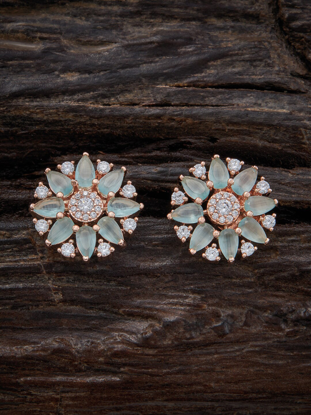 

Kushal's Fashion Jewellery Rose Gold-Plated Zircon Floral Studs Earrings, Sea green