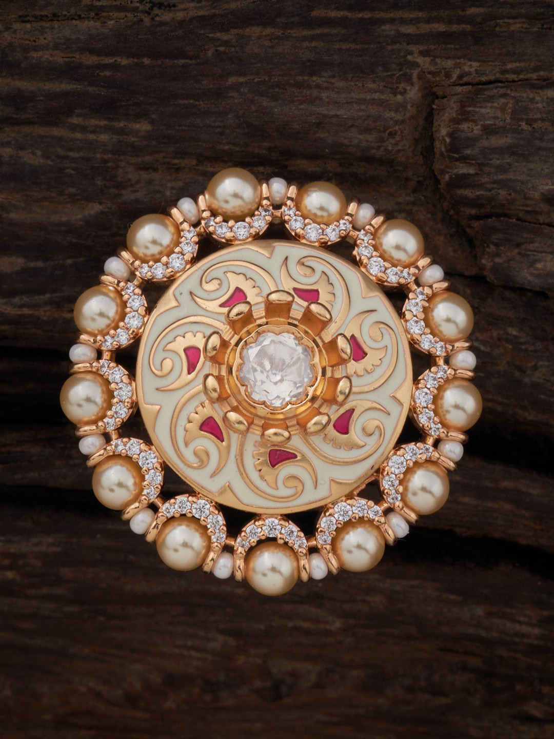 

Kushal's Fashion Jewellery Gold-Plated AD-Studded & Beaded Adjustable Finger Ring, Red
