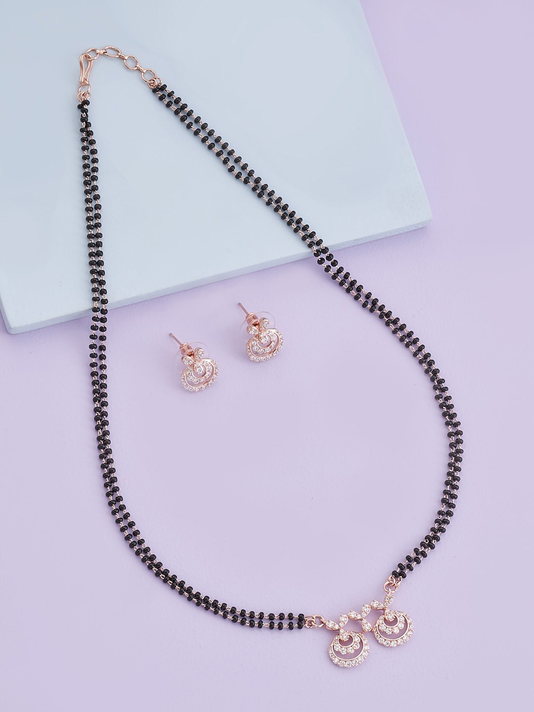 

Kushal's Fashion Jewellery Rose Gold-Plated Beaded & Stone Mangalsutra With Earrings