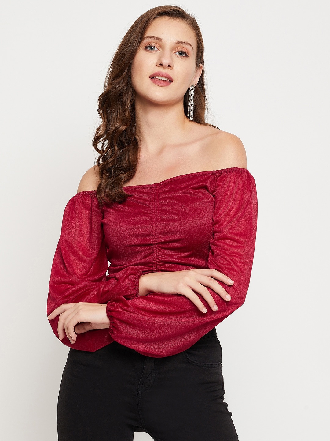 

LE BOURGEOIS Maroon Off-Shoulder Bardot Crop Top