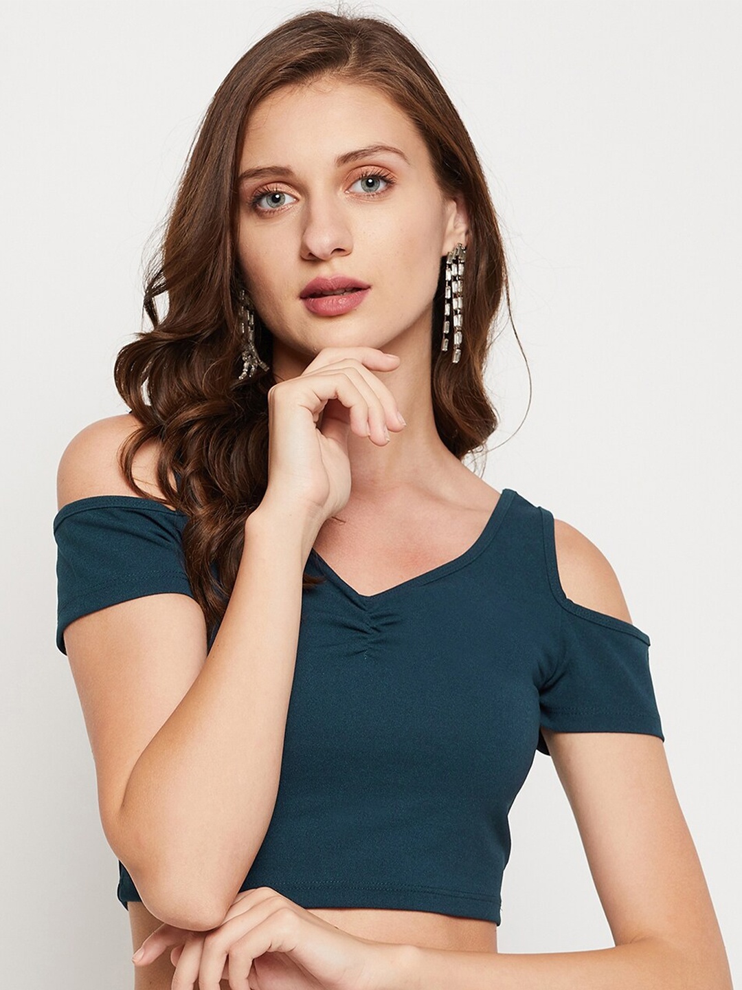 

LE BOURGEOIS V-Neck Cold-Shoulder Sleeves Crop Top, Teal