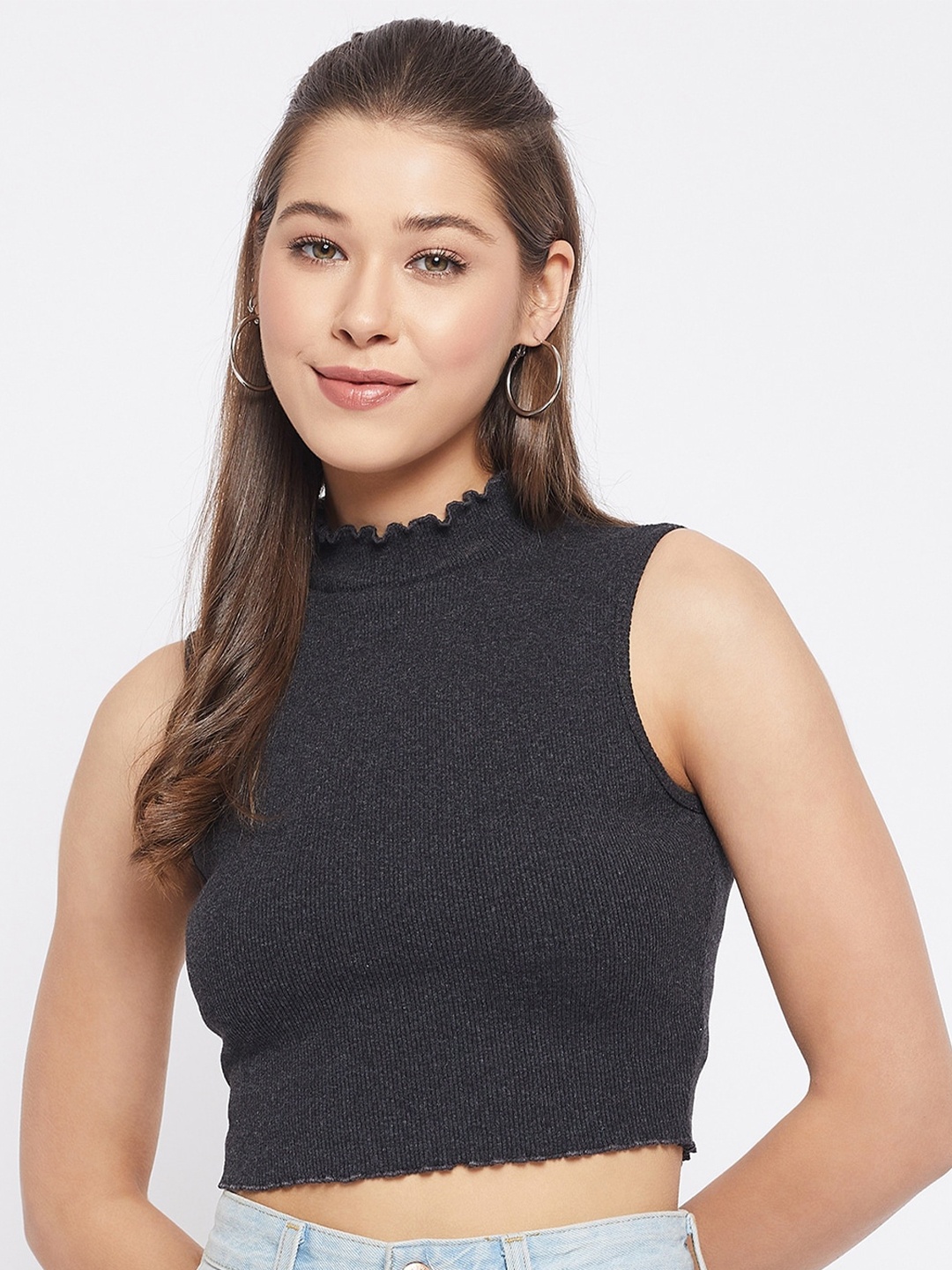 

LE BOURGEOIS High Neck Sleeveless Ribbed Cotton Fitted Crop Top, Grey melange