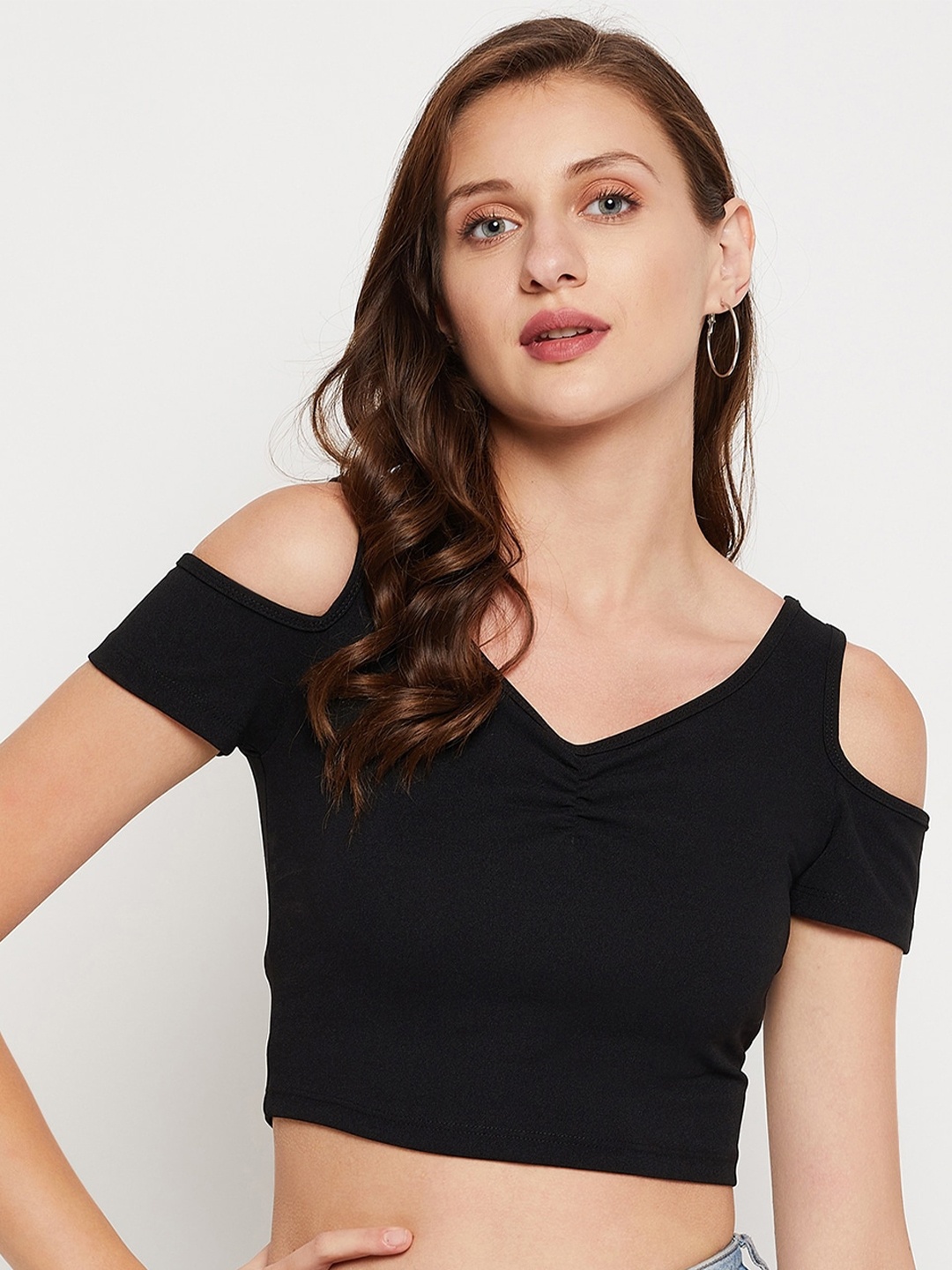 

LE BOURGEOIS V-Neck Cold- Shoulder Sleeves Fitted Crop Top, Black