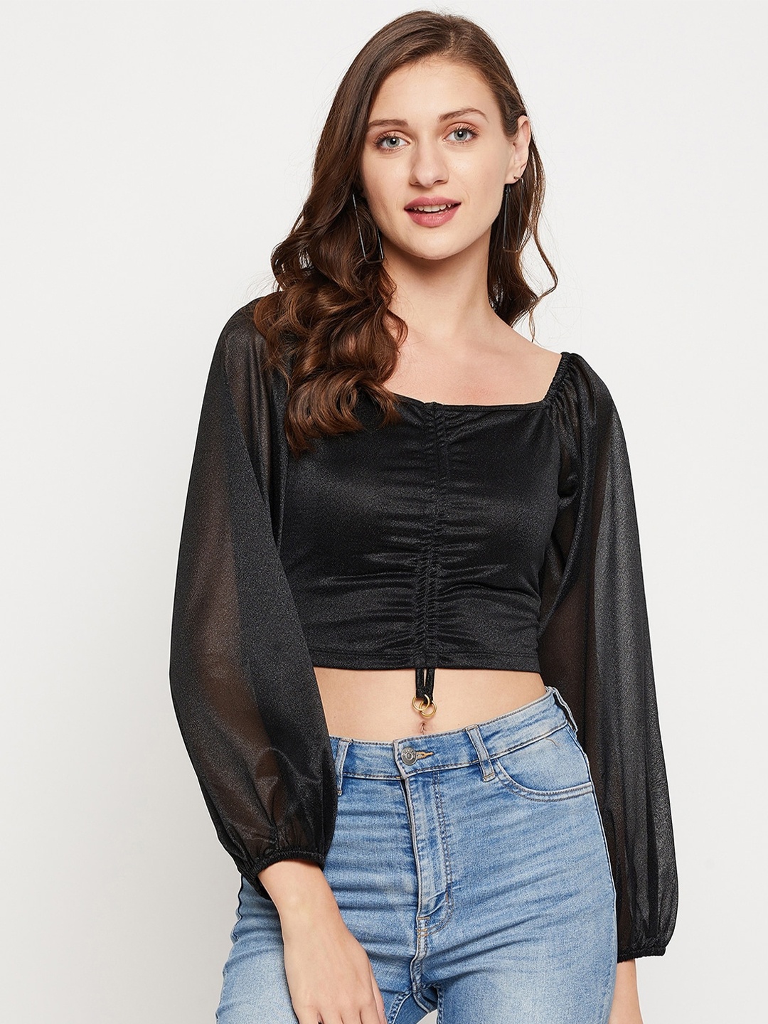 

LE BOURGEOIS Puff Sleeves Ruched Fitted Crop Top, Black