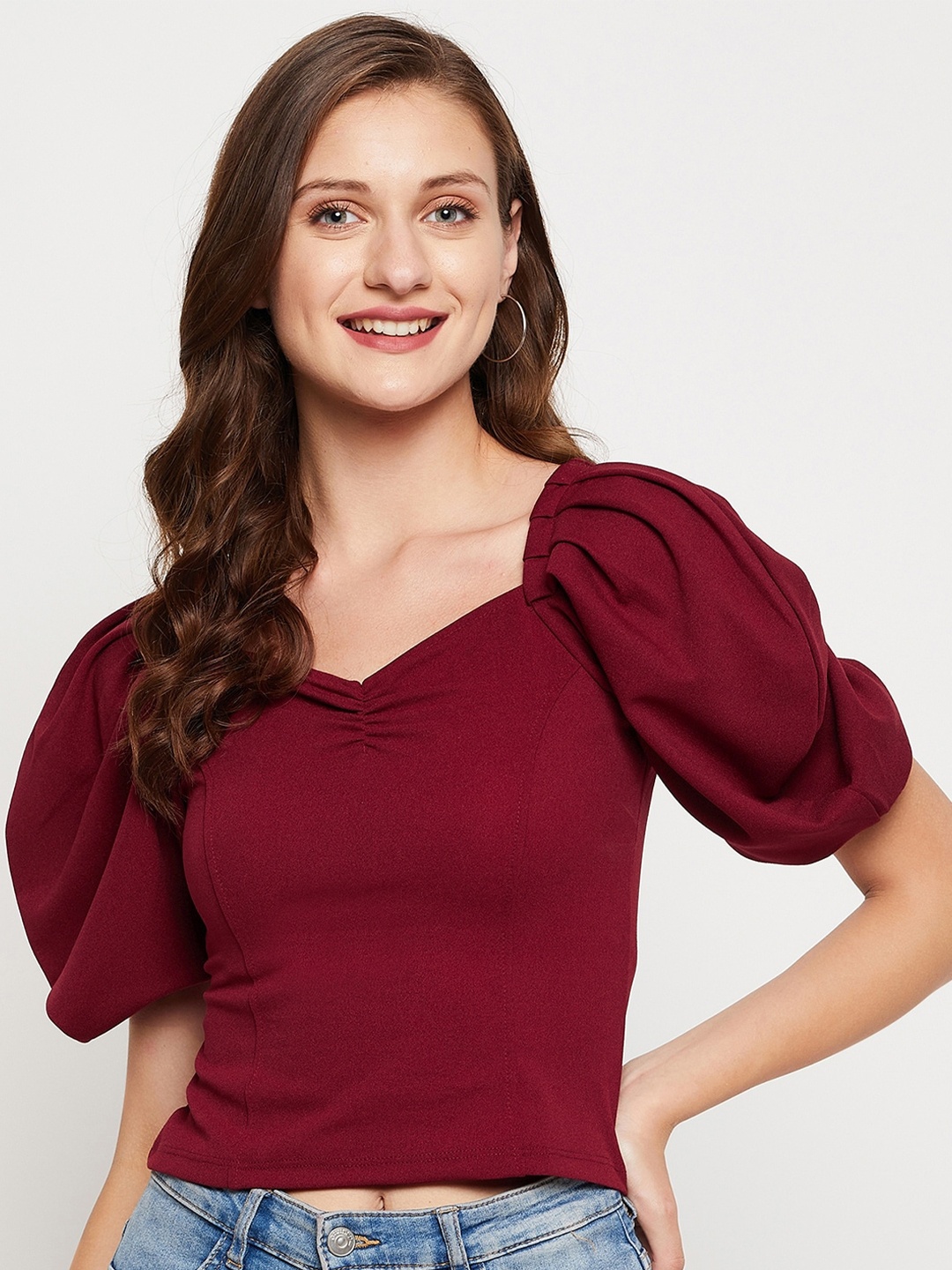 

LE BOURGEOIS Maroon Sweetheart Neck Crop Top
