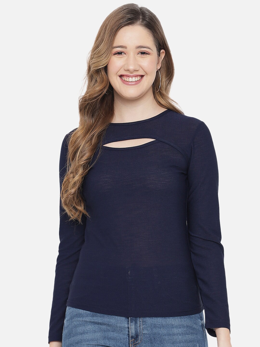 

LE BOURGEOIS Round Neck Cut-Out Detail Top, Navy blue