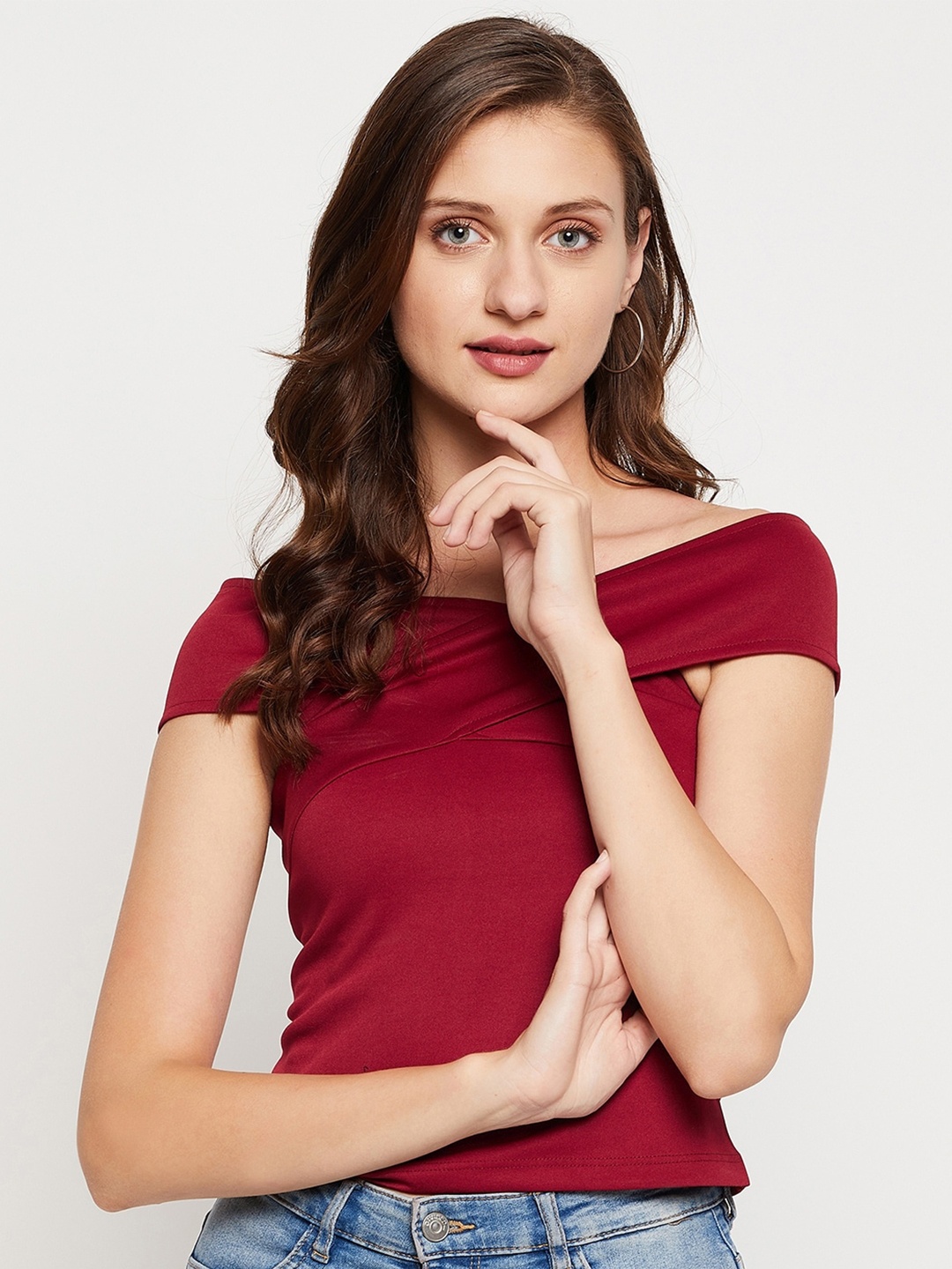 

LE BOURGEOIS Boat Neck Off Shoulder Fitted Top, Maroon