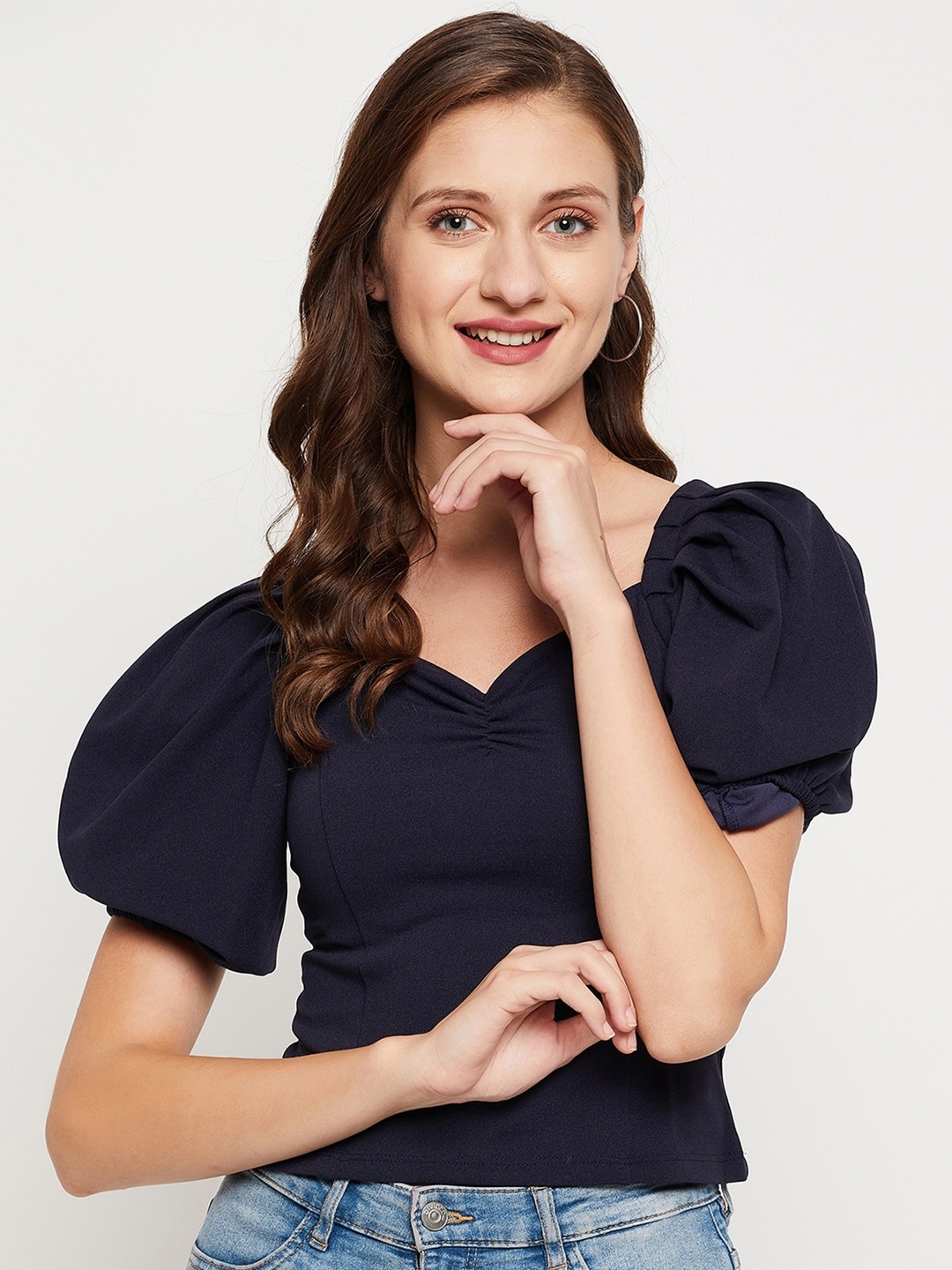 

LE BOURGEOIS Sweetheart Neck Puff Sleeves Fitted Top, Navy blue