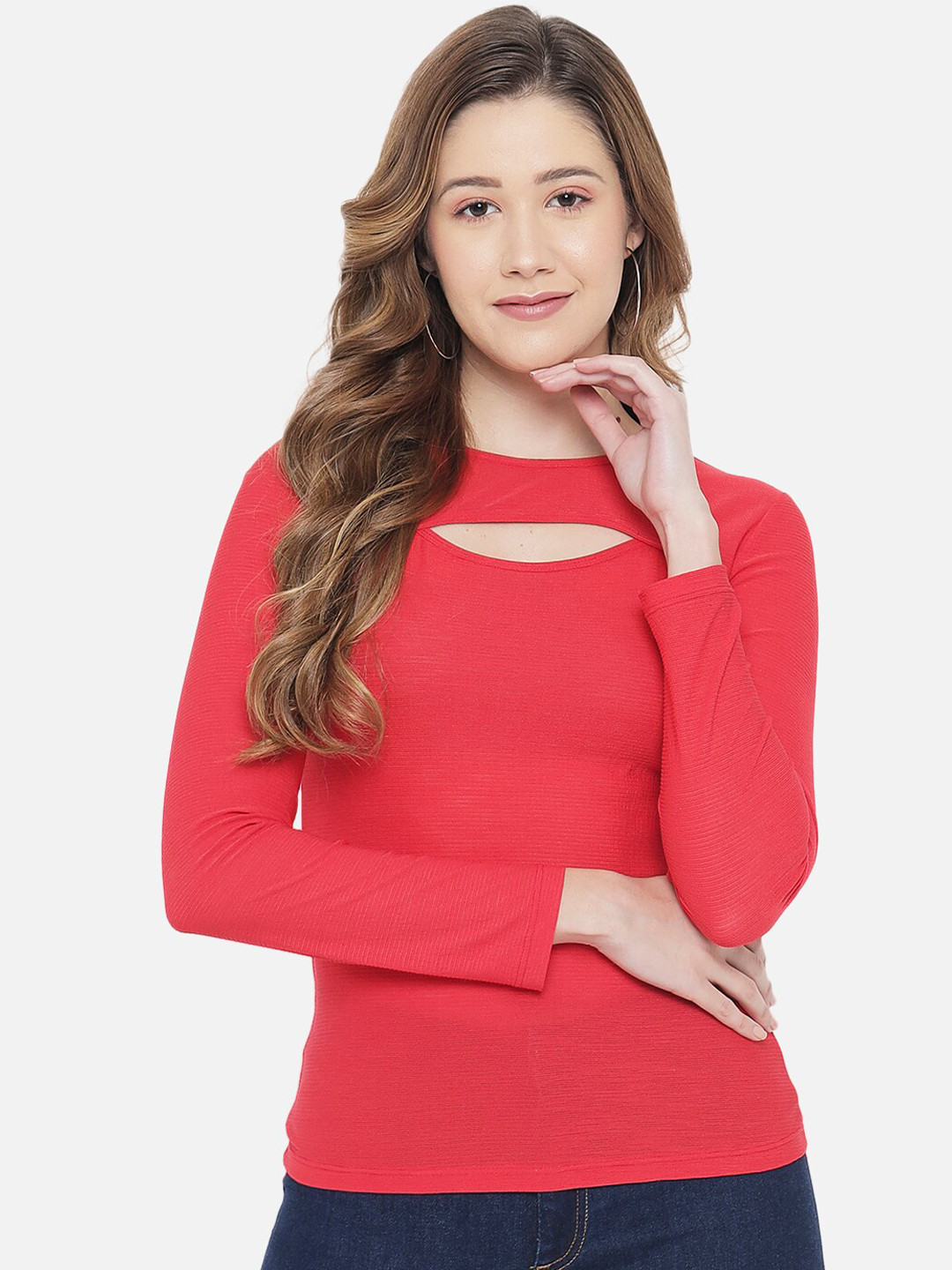 

LE BOURGEOIS Slim Fit Full Sleeves Key Hole Neck Top, Red