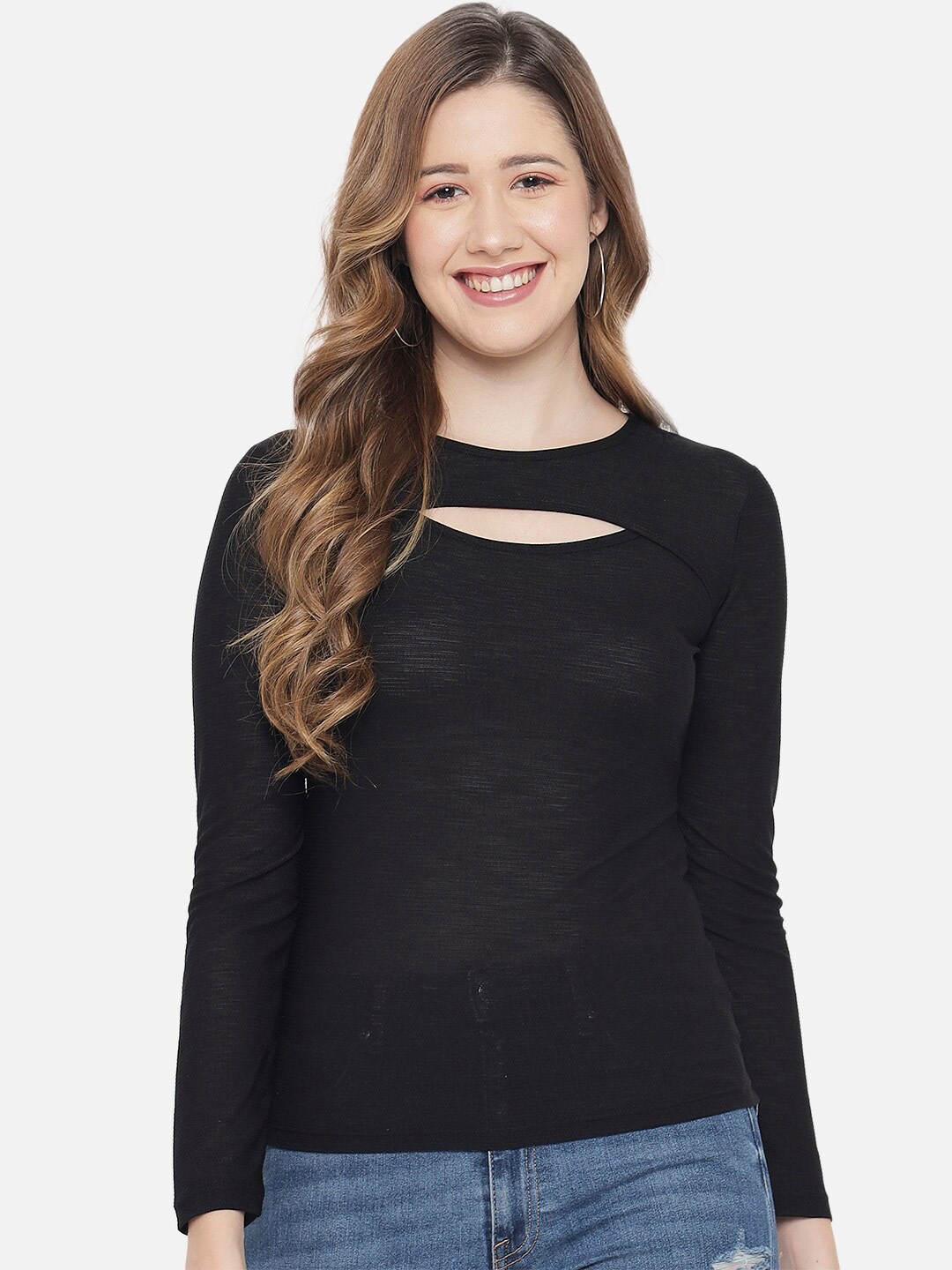 

LE BOURGEOIS Round Neck Cut Out Slim Fit Regular Top, Black