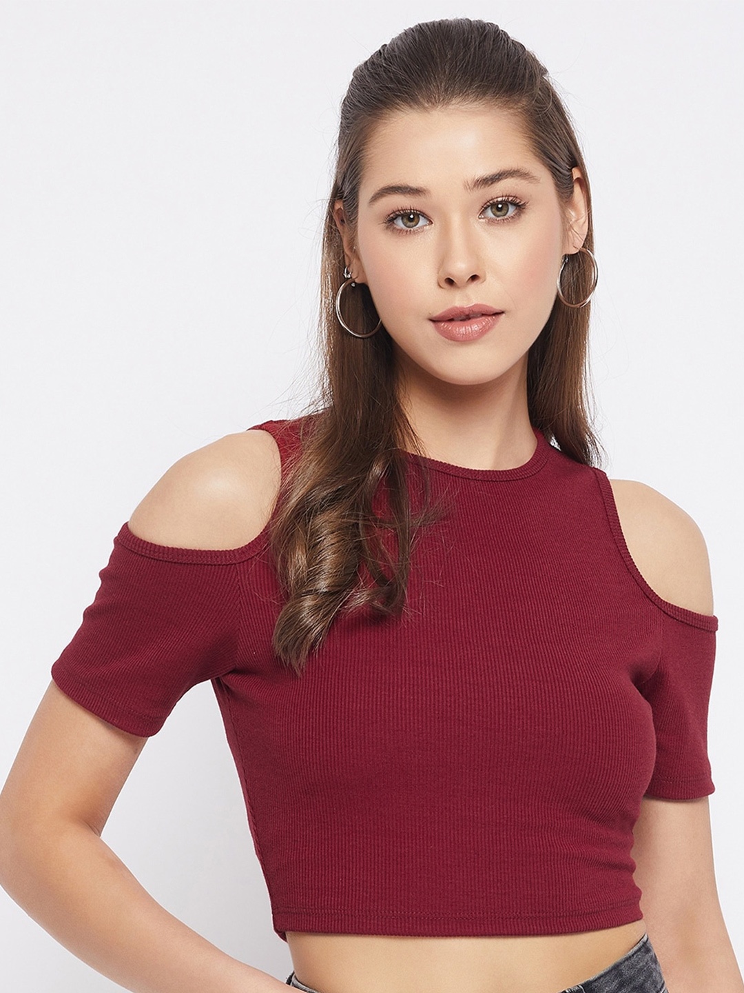 

LE BOURGEOIS Round Neck Cold-Shoulder Sleeves Slim Fit Crop Top, Maroon