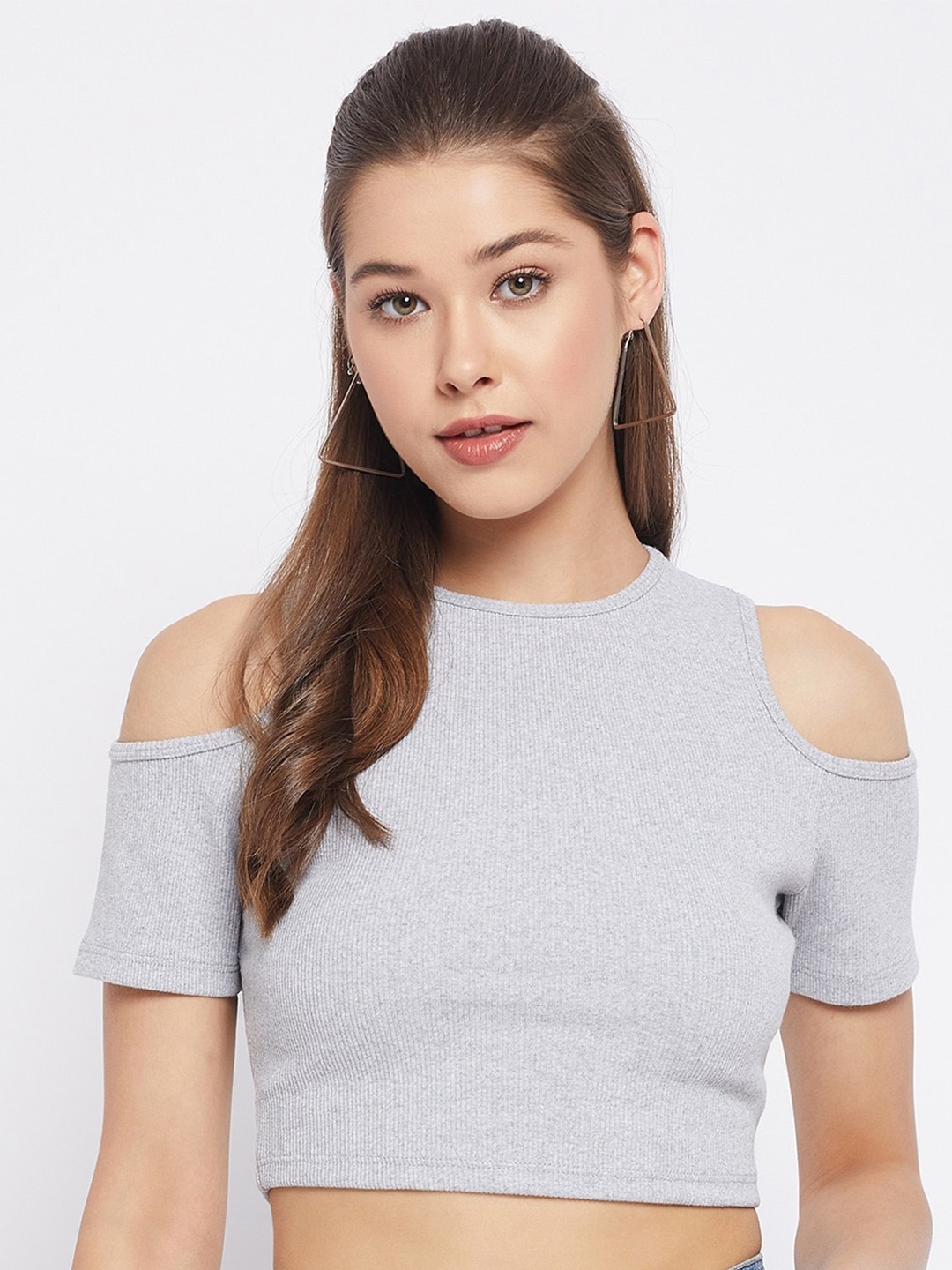 

LE BOURGEOIS Round Neck Cold Shoulder Slim Fit Crop Top, Grey