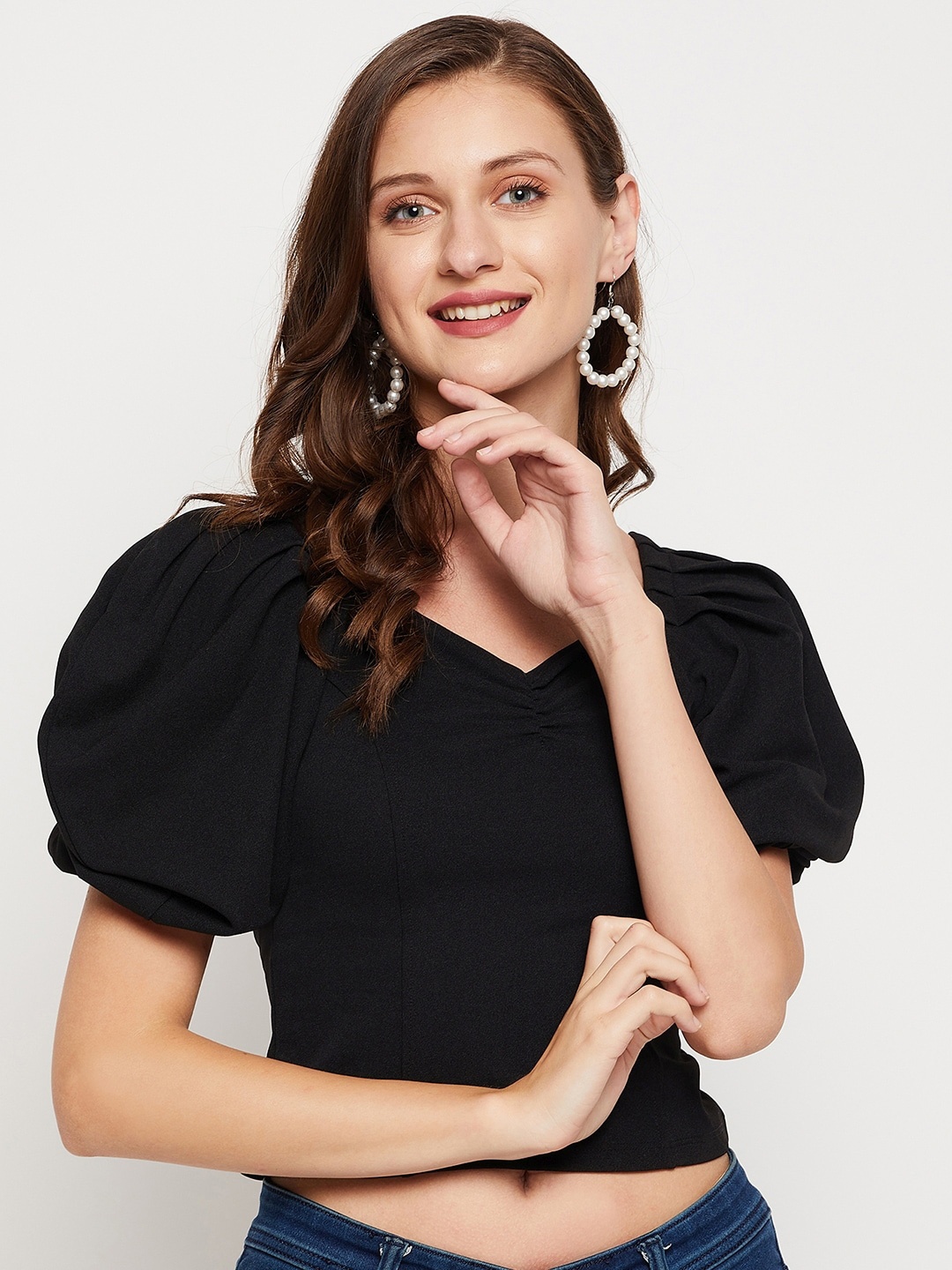

LE BOURGEOIS Puff Sleeves Sweatheart Neck Crop Top, Black