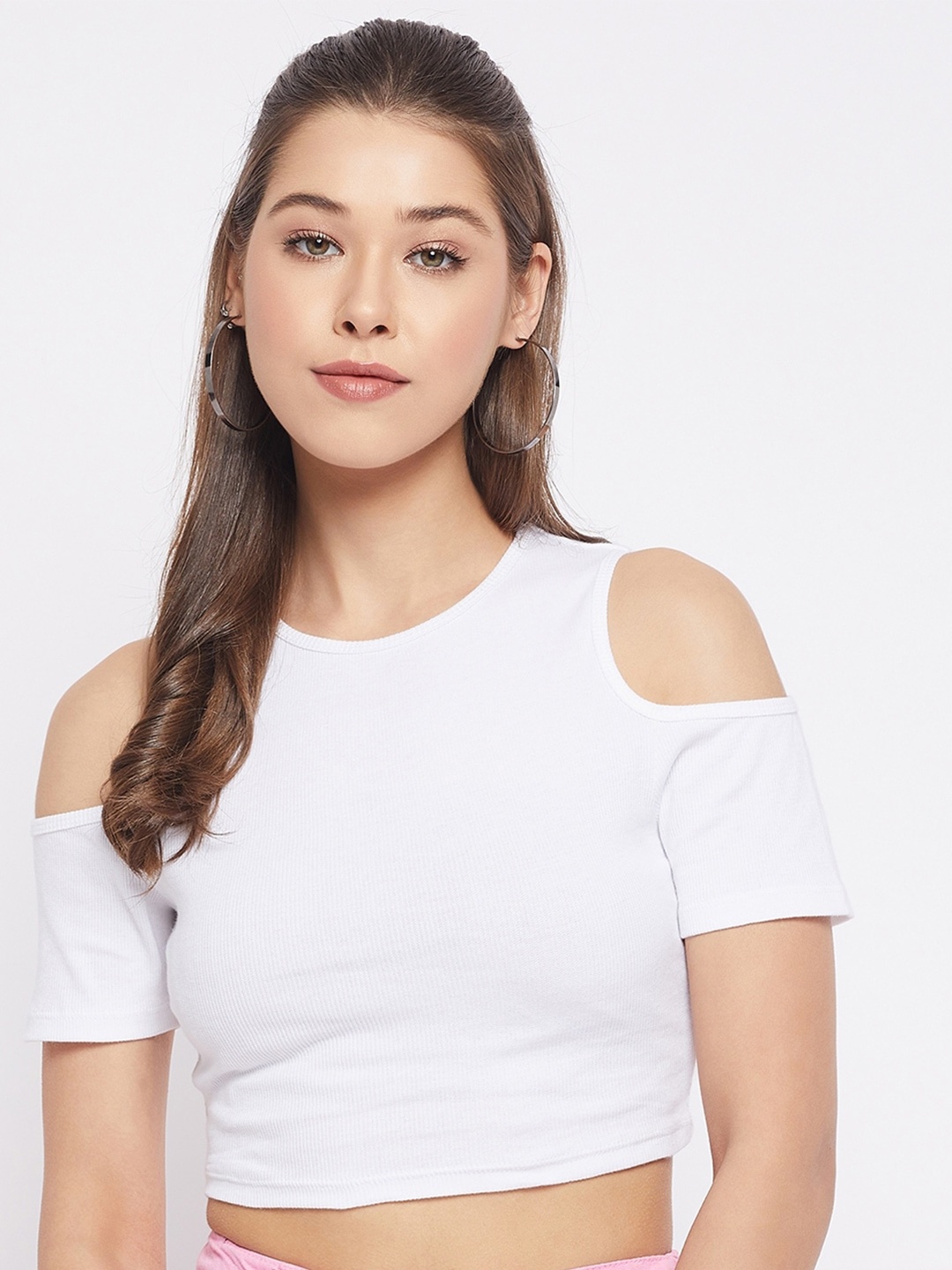 

LE BOURGEOIS Slim Fit Round Neck Cold Shoulder Crop Top, White