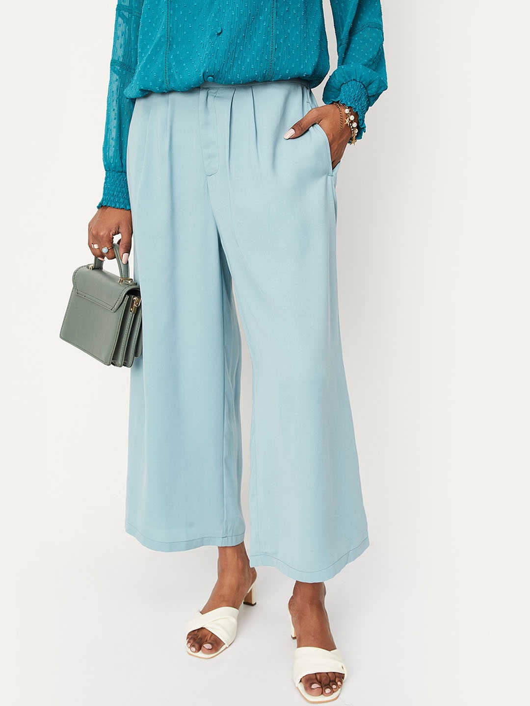 

max Women Pleated Parallel Trousers, Turquoise blue