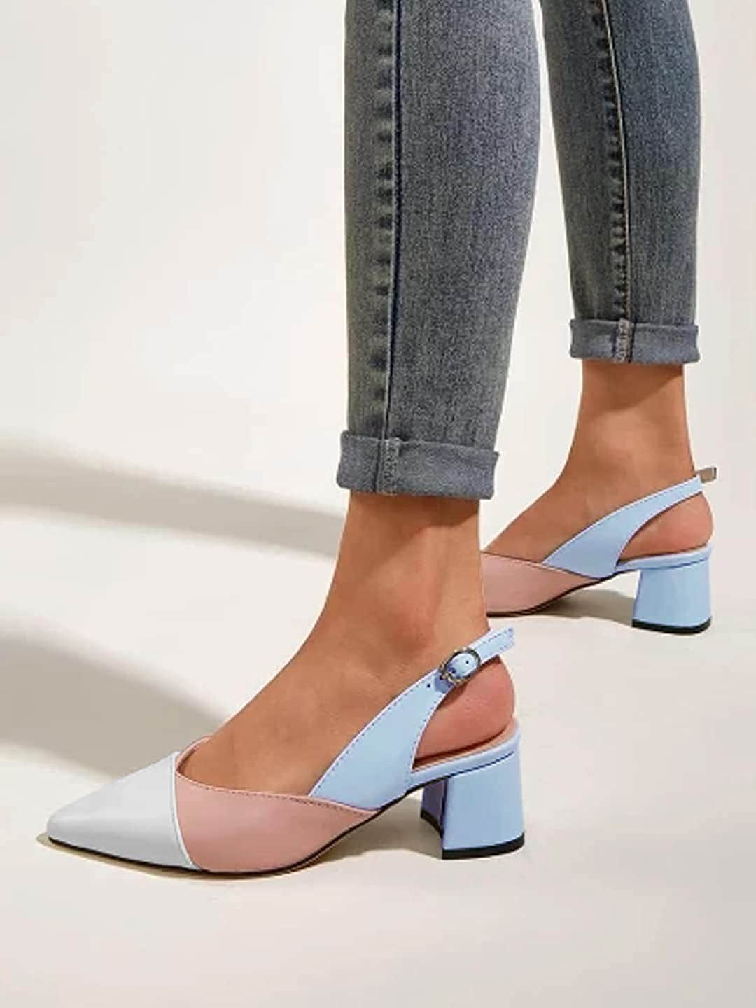 

HASTEN Colourblocked Block Heel Mules, White