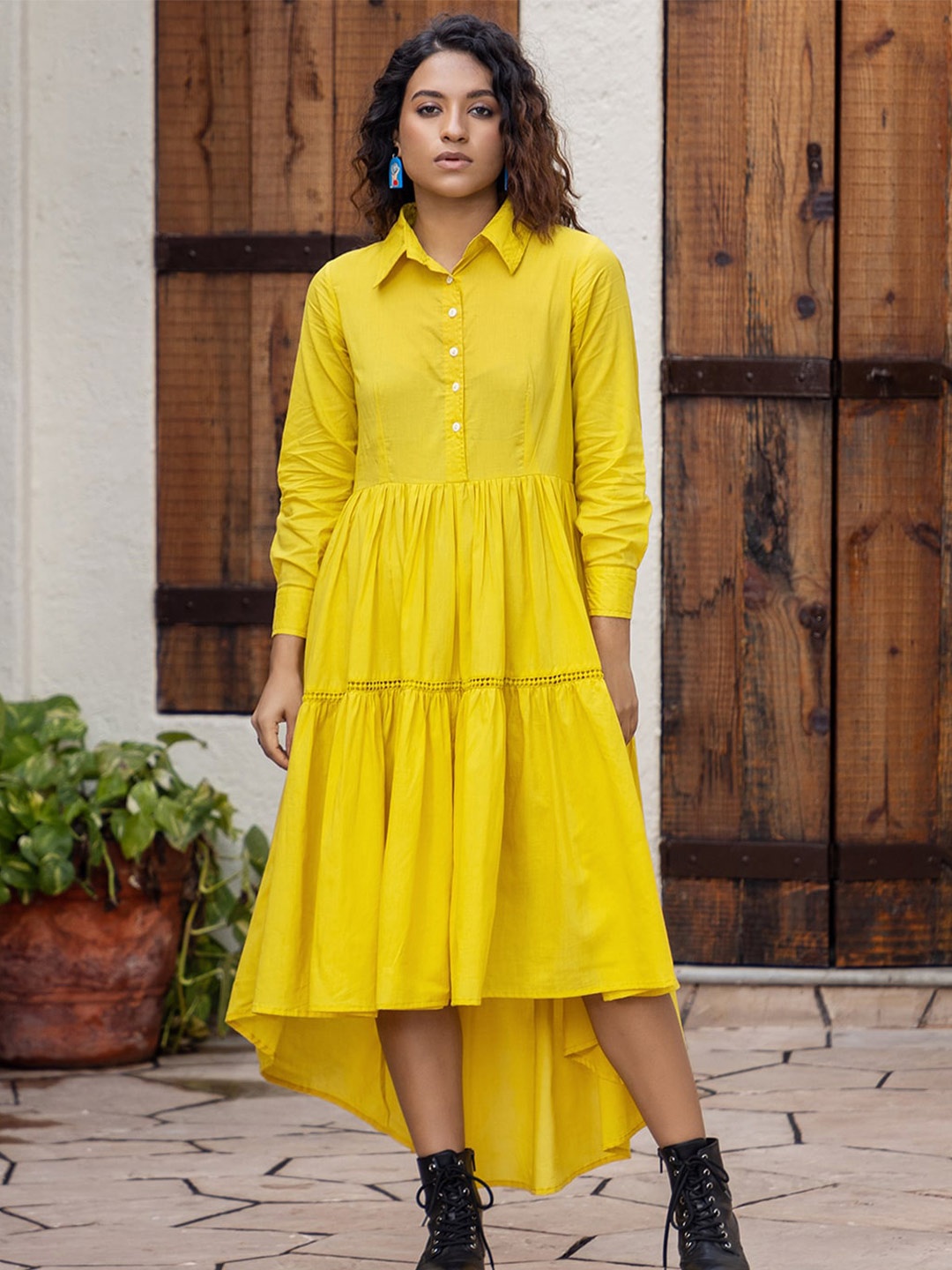 

Ambraee Tiered Shirt Collar Cuffed Sleeves Cotton Shirt Dress, Yellow