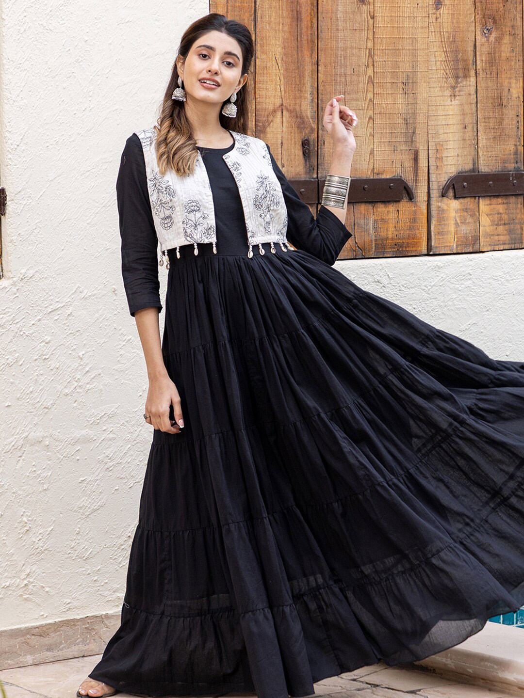 

Ambraee Tiered Gathered Or Pleated Cotton Fit And Flare Ethnic Dress With Jacket, Black