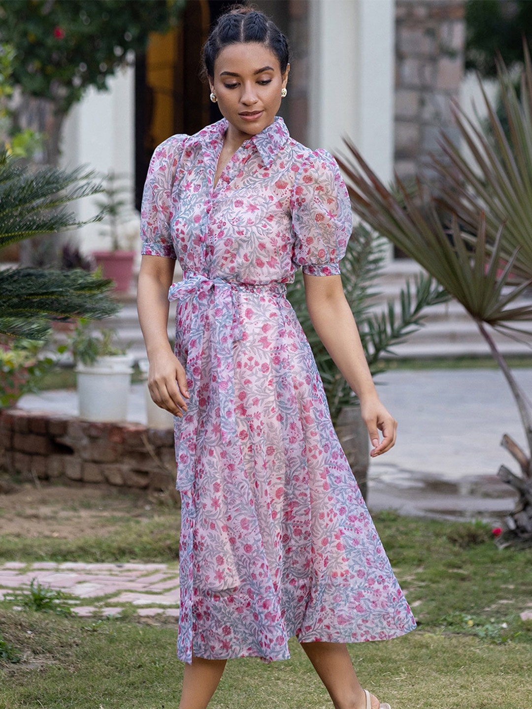 

Ambraee Shirt Collar Floral Shirt Midi Dress, Peach