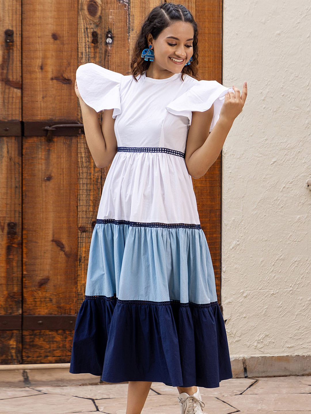

Ambraee Colourblocked Flutter Sleeves Tiered Midi Cotton Fit & Flare Dress, White